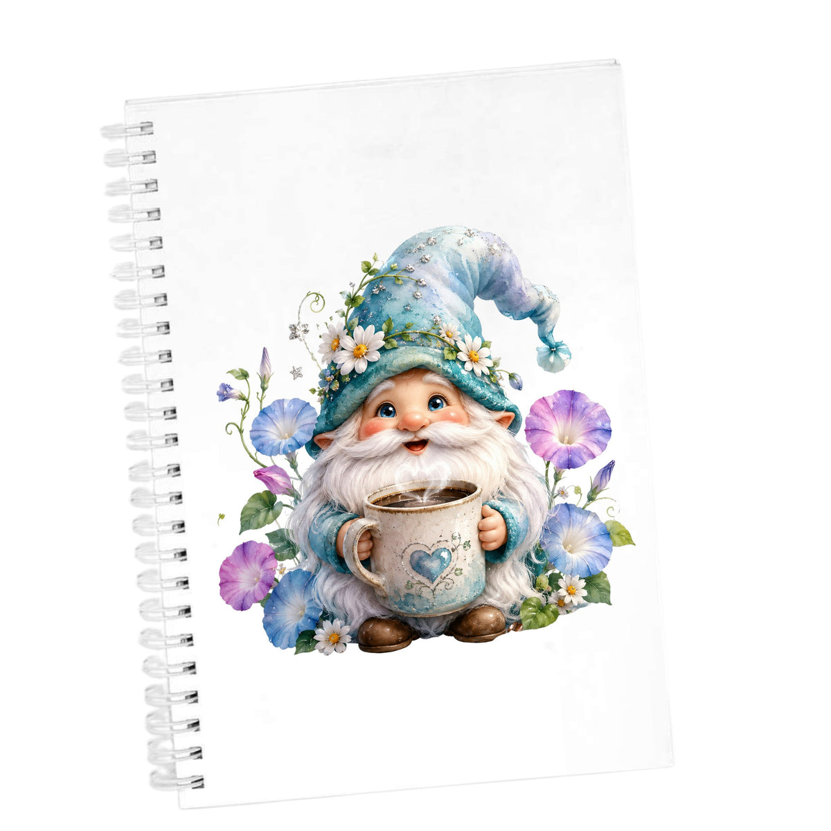 Gnome Holding Coffee Mug UV DTF sticker applied to the cover of a white spiral journal