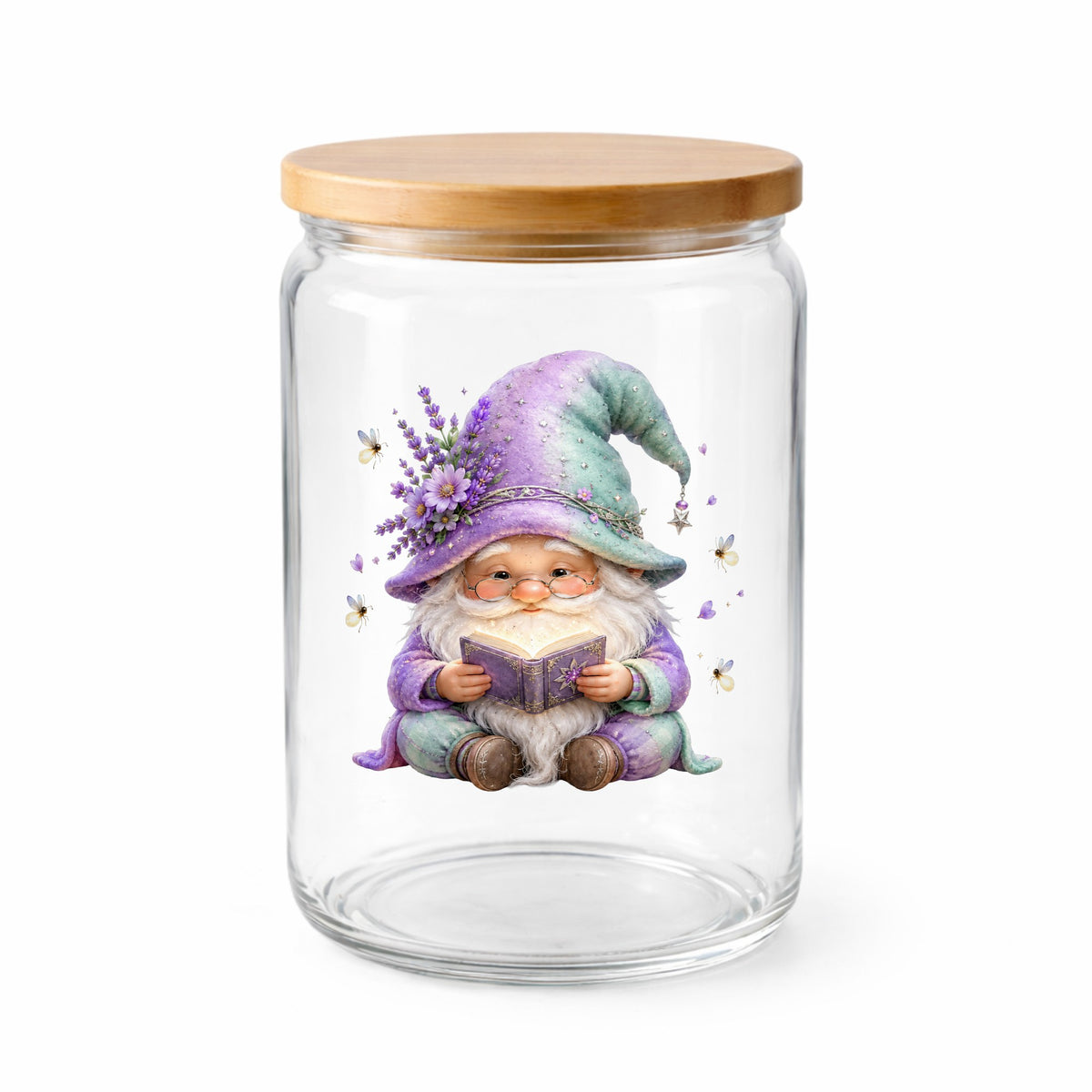 Lavender Reading Gnome With Fireflies UV DTF sticker applied to a clear glass jar with a wooden lid