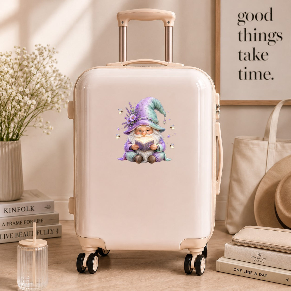 Lavender Reading Gnome With Fireflies UV DTF sticker applied to a cream carry-on suitcase