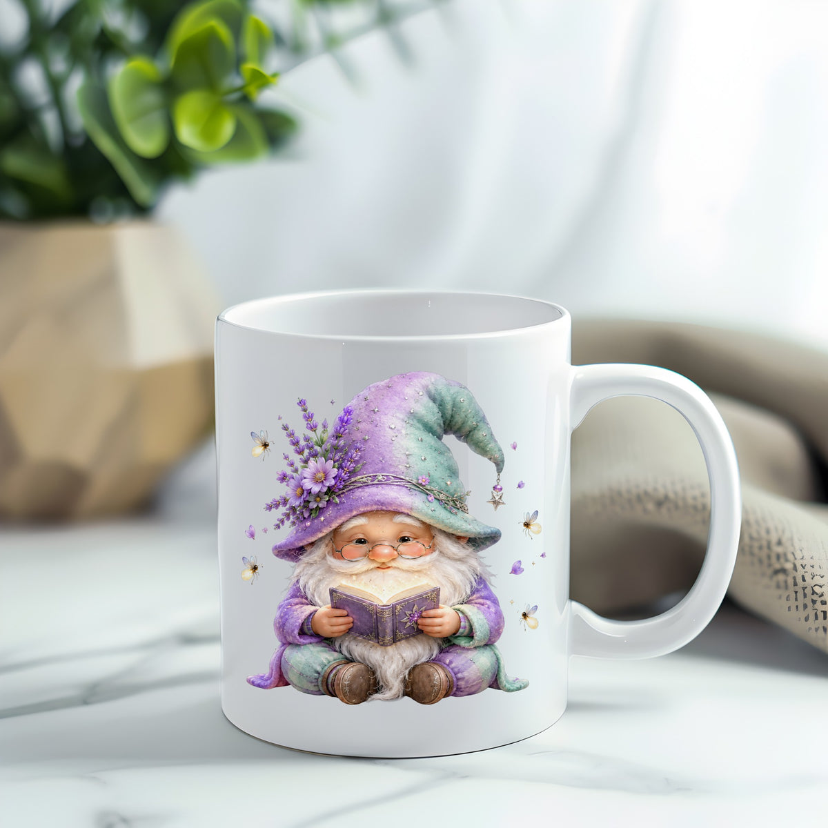 Lavender Reading Gnome With Fireflies UV DTF sticker applied to a white coffee mug