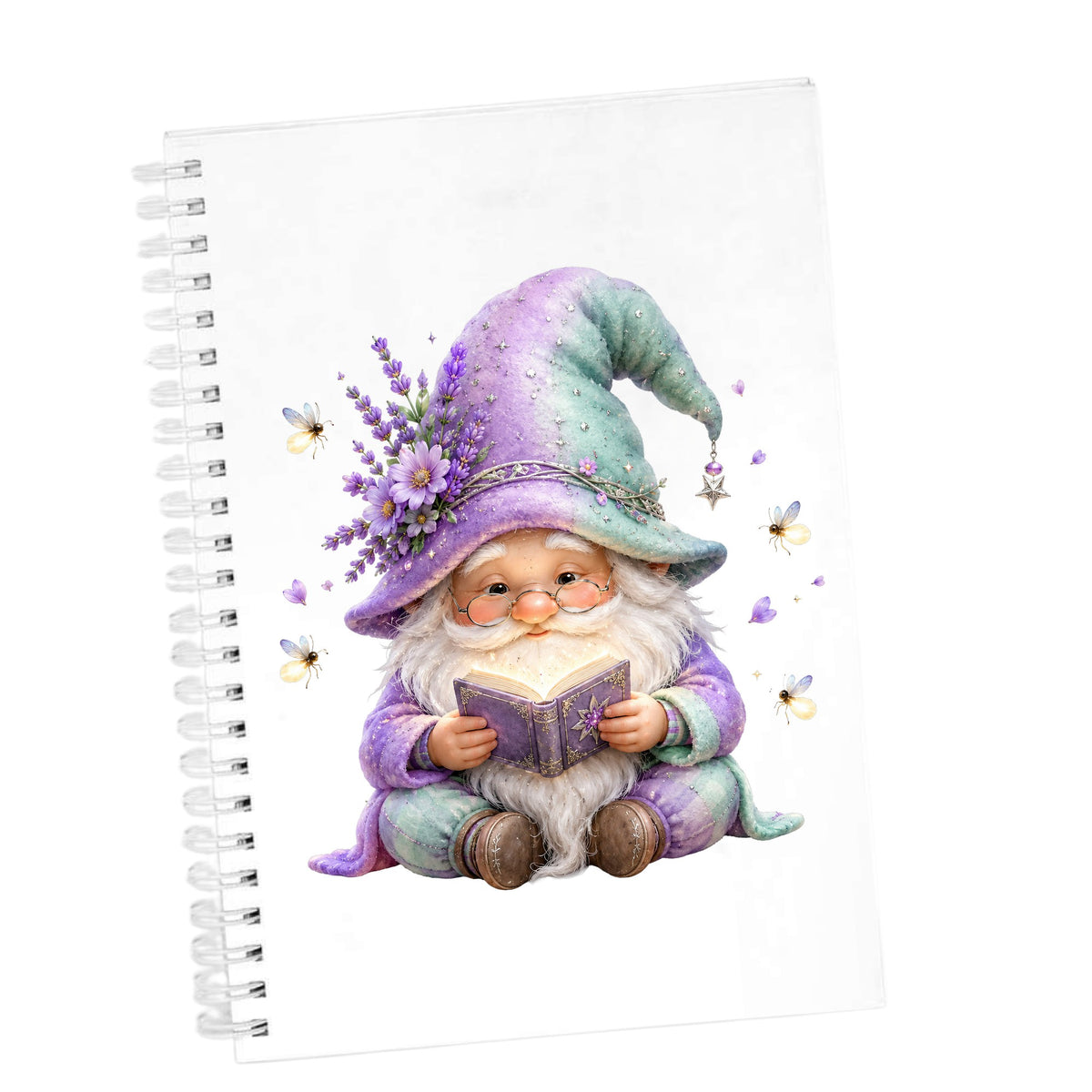 Lavender Reading Gnome With Fireflies UV DTF sticker applied to the cover of a white spiral journal