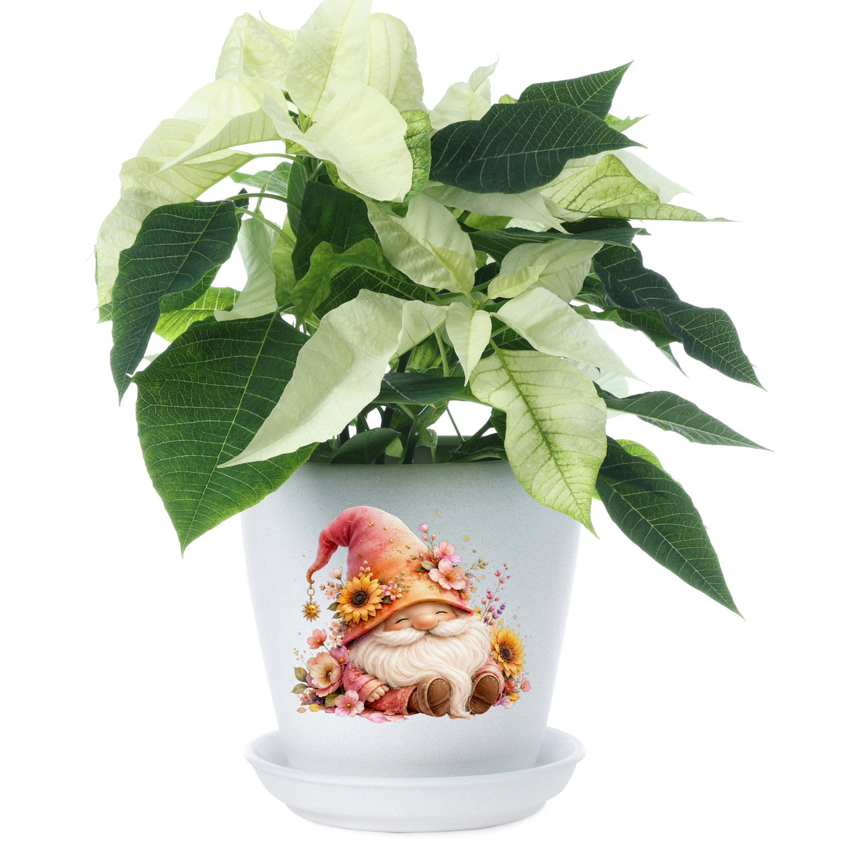 Sunflower Gnome With Pink Flowers UV DTF sticker applied to a white flower pot