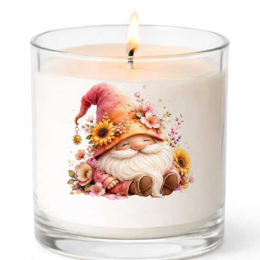 Sunflower Gnome With Pink Flowers UV DTF sticker applied to a white candle in a clear glass jar