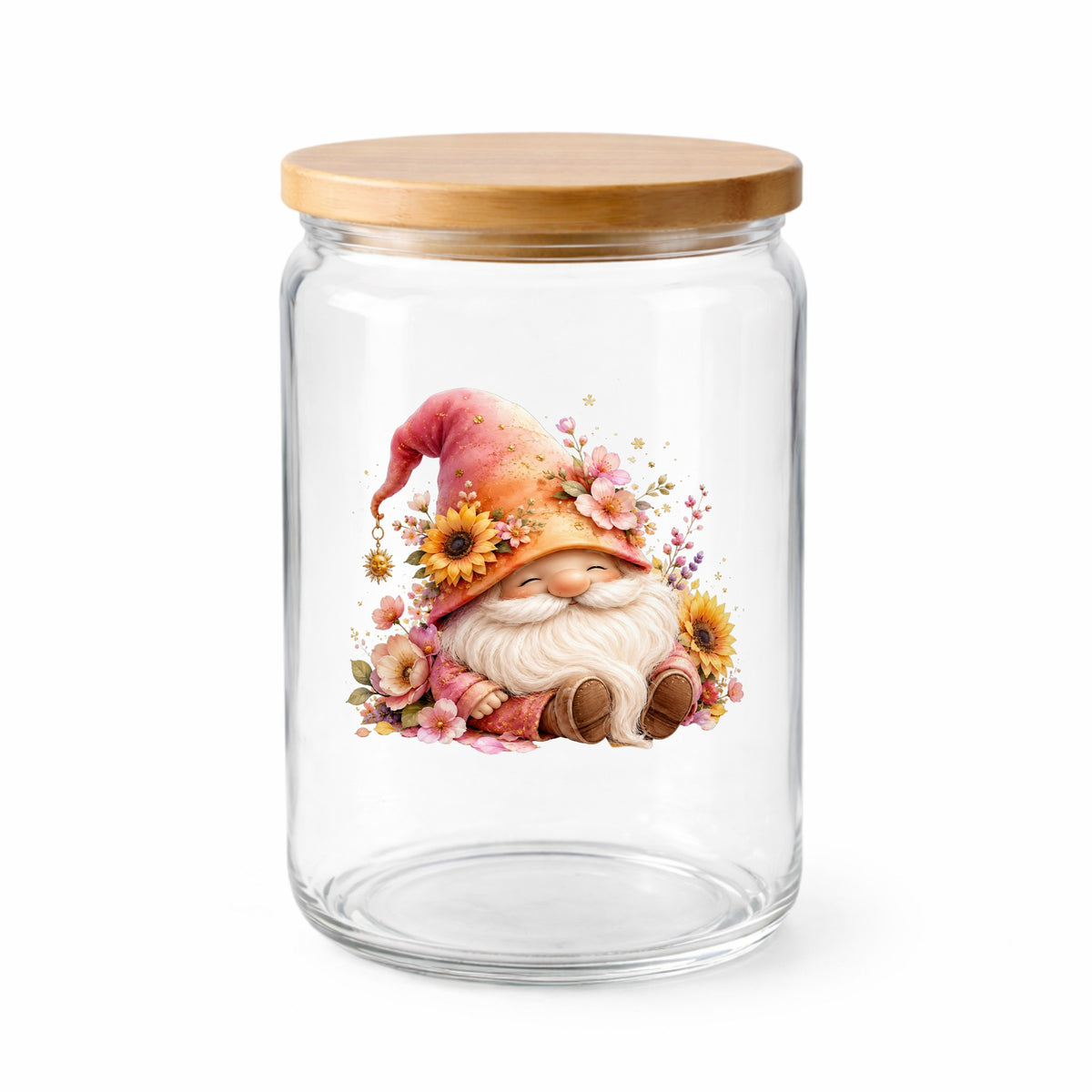 Sunflower Gnome With Pink Flowers UV DTF sticker applied to a clear glass jar with a wooden lid