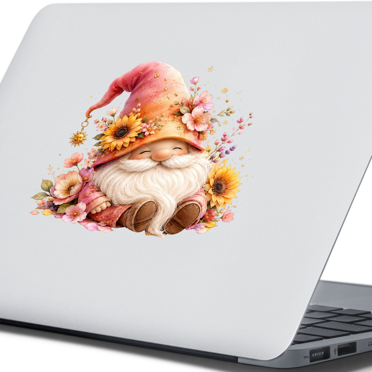 Sunflower Gnome With Pink Flowers UV DTF sticker applied to the lid of a silver laptop