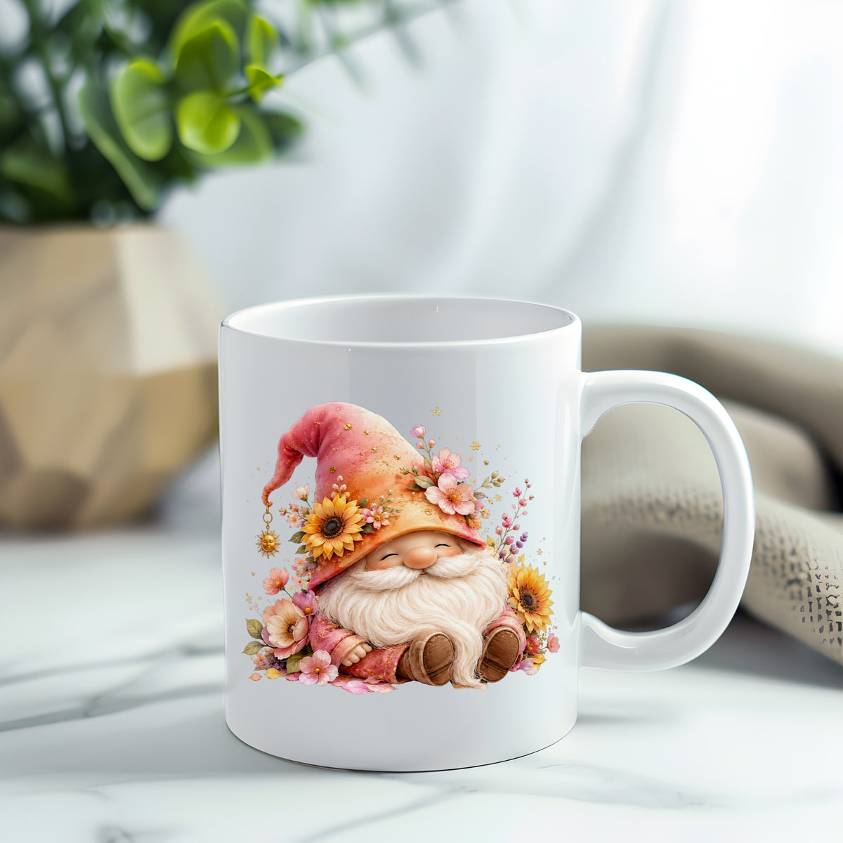 Sunflower Gnome With Pink Flowers UV DTF sticker applied to a white coffee mug