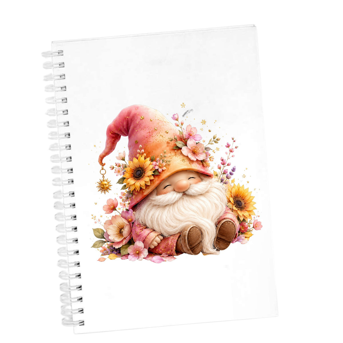 Sunflower Gnome With Pink Flowers UV DTF sticker applied to the cover of a white spiral journal
