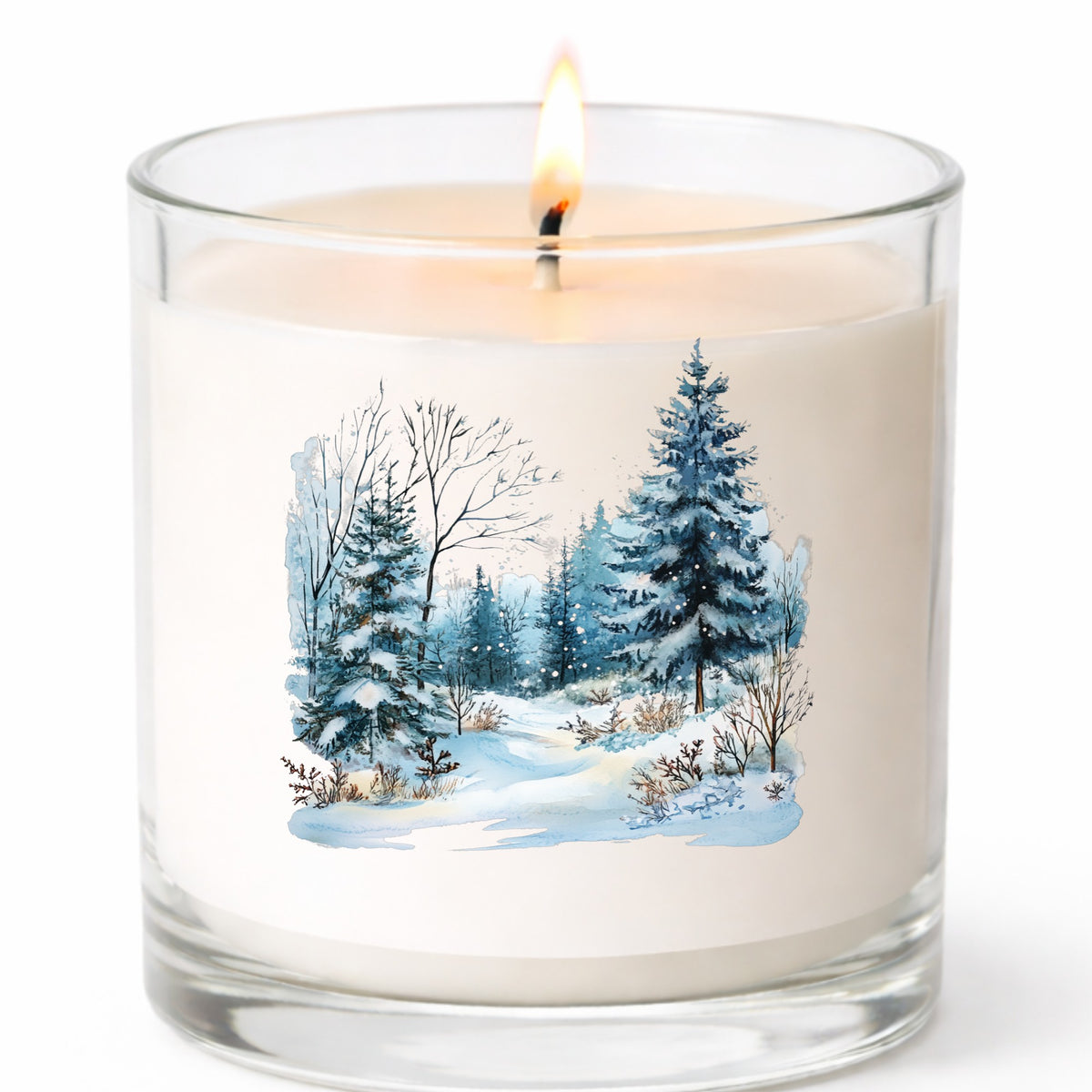 Snowy Pine Forest UV DTF sticker applied to a candle jar
