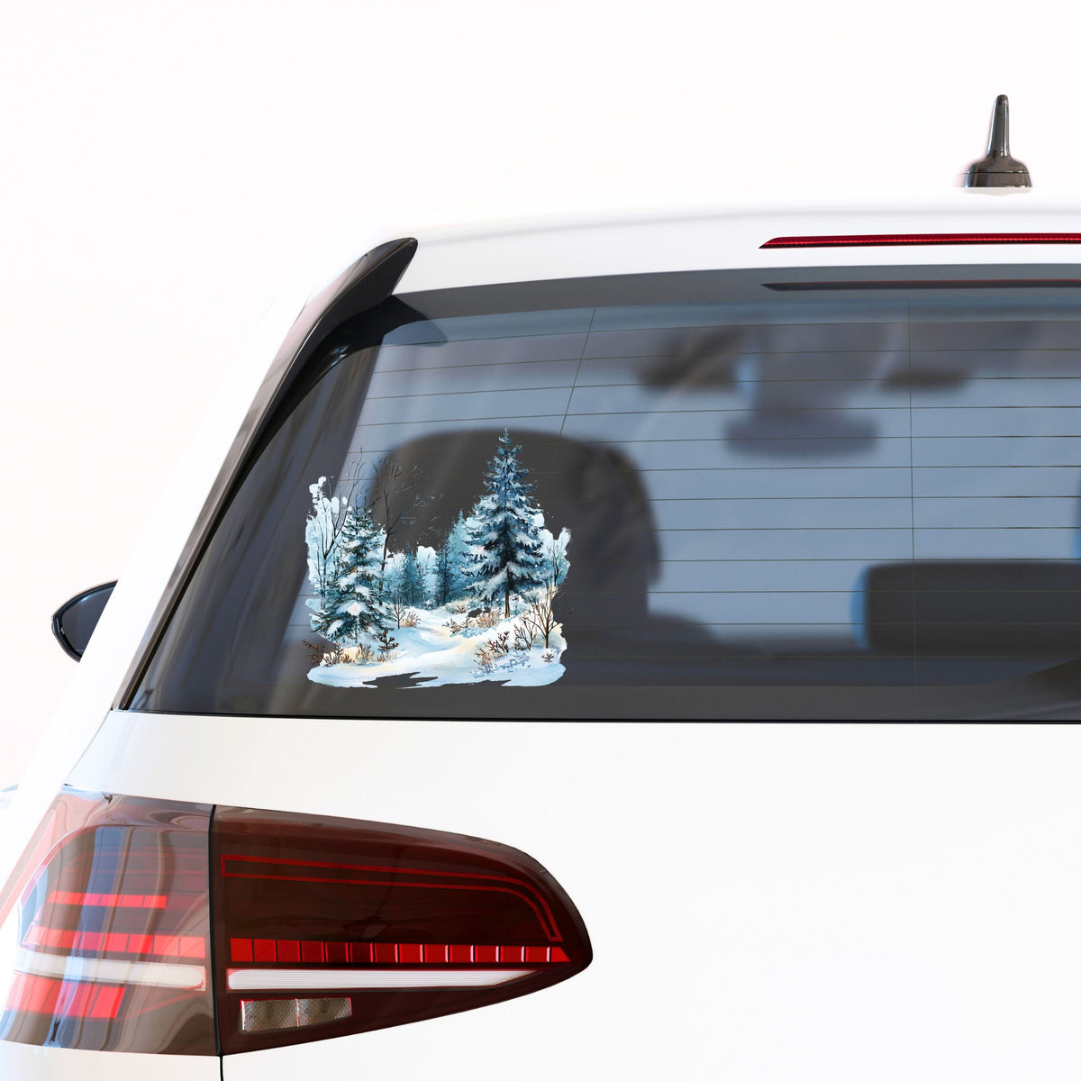 Snowy Pine Forest UV DTF sticker applied to a car window