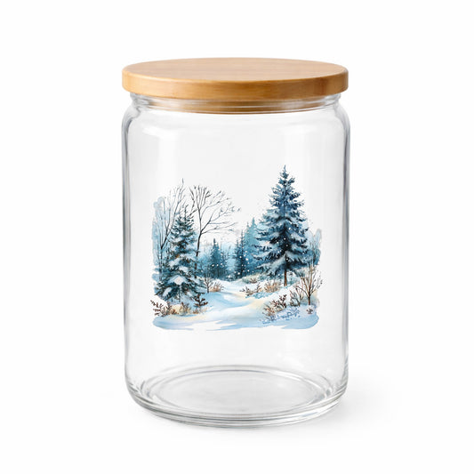 Snowy Pine Forest UV DTF sticker applied to a clear glass jar with lid