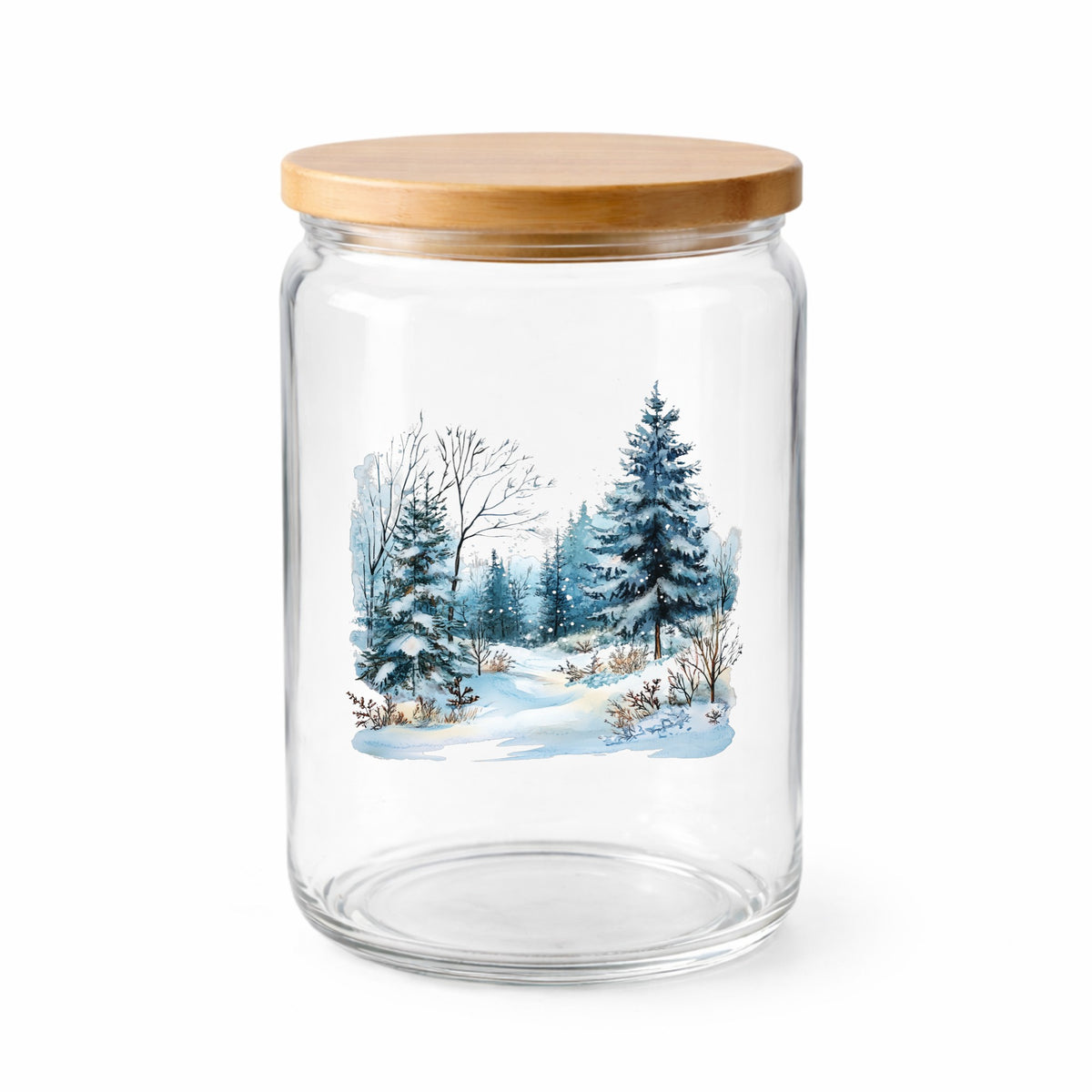 Snowy Pine Forest UV DTF sticker applied to a clear glass jar with lid