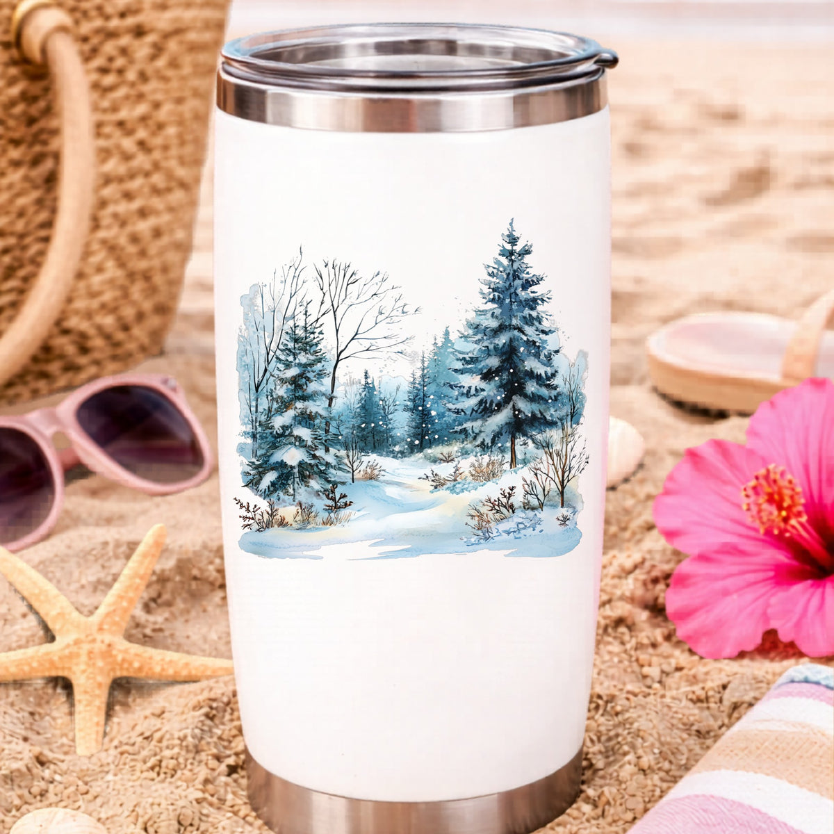 Snowy Pine Forest UV DTF sticker applied to a water bottle at the beach