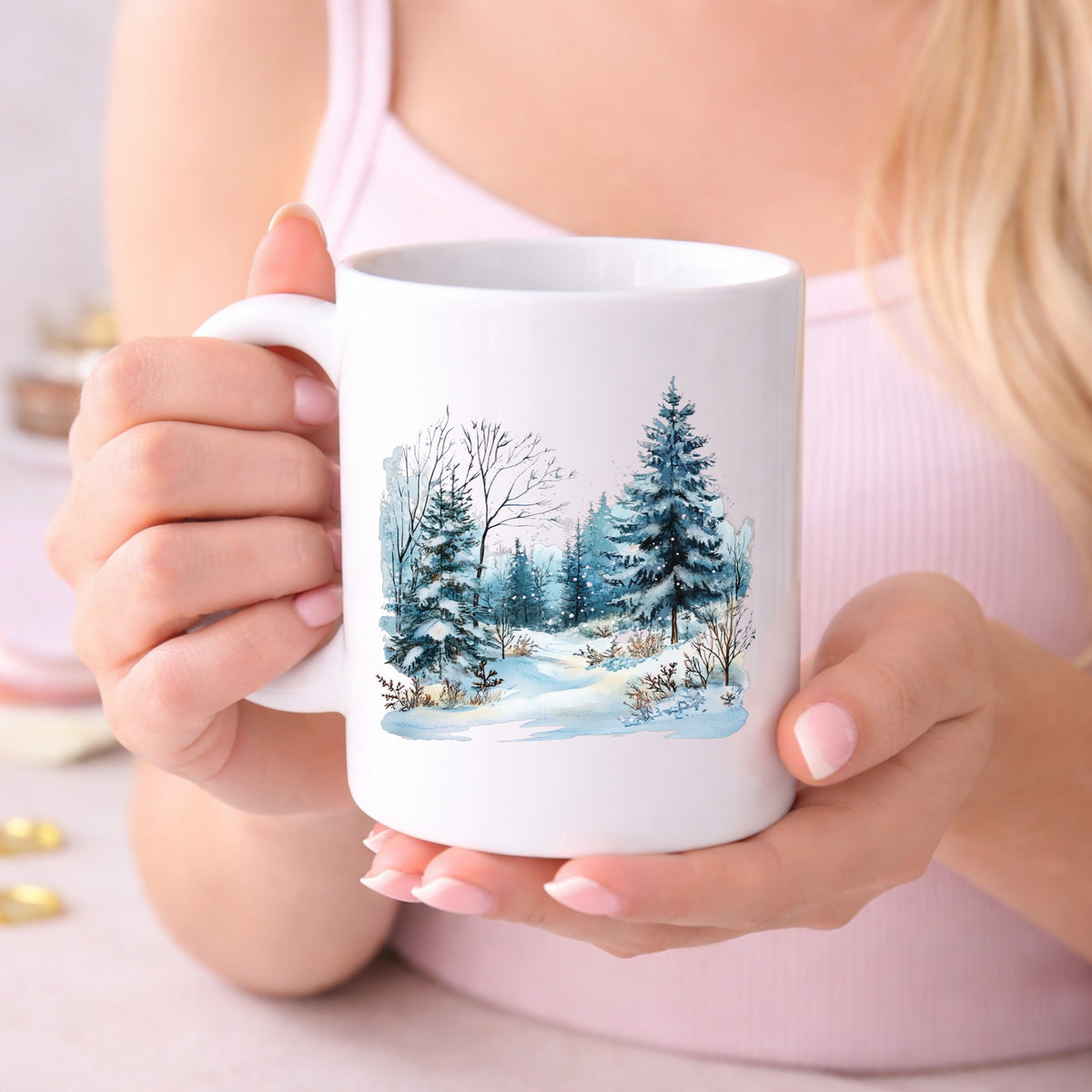 Snowy Pine Forest UV DTF sticker displayed on a white coffee mug