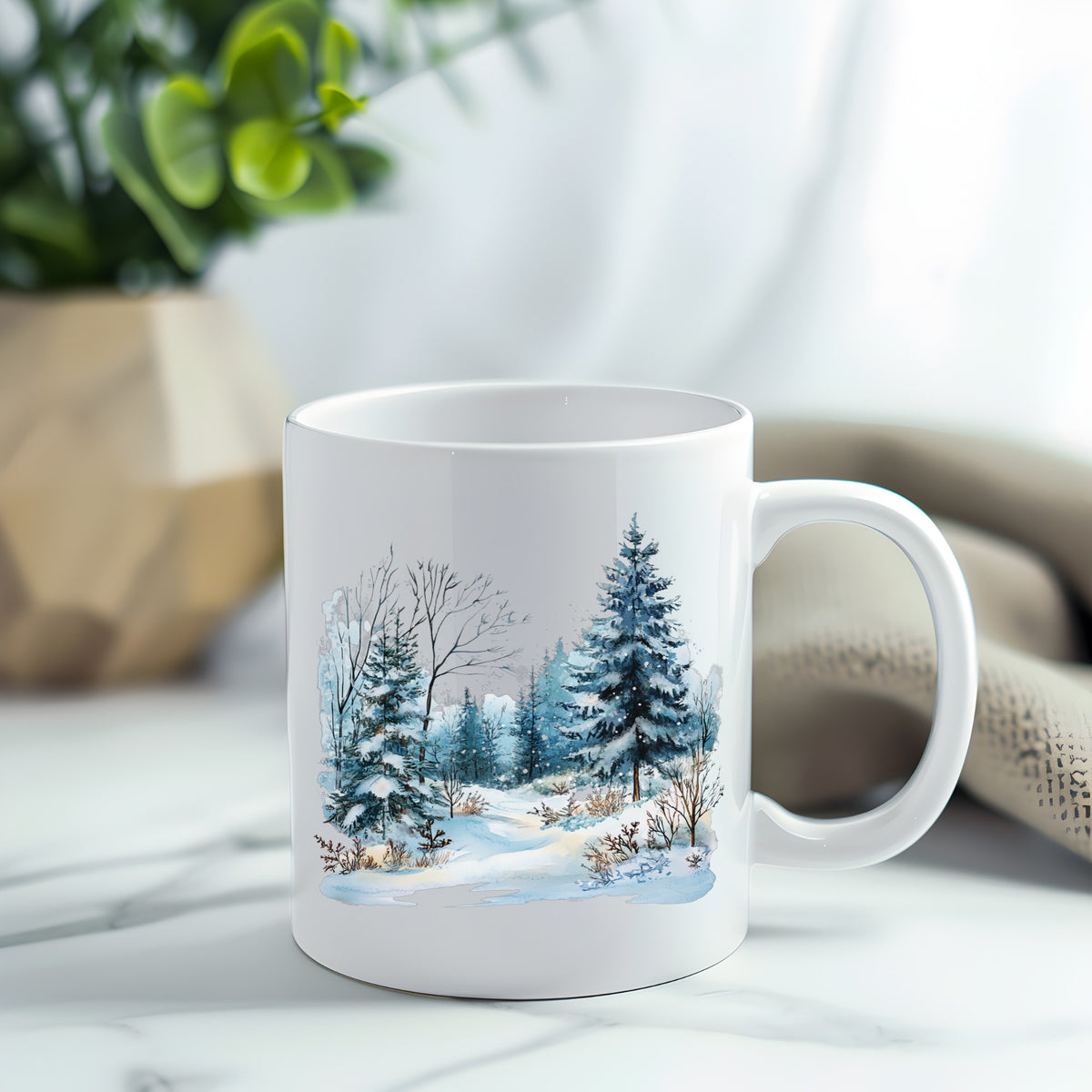 Snowy Pine Forest UV DTF sticker applied to a white coffee mug