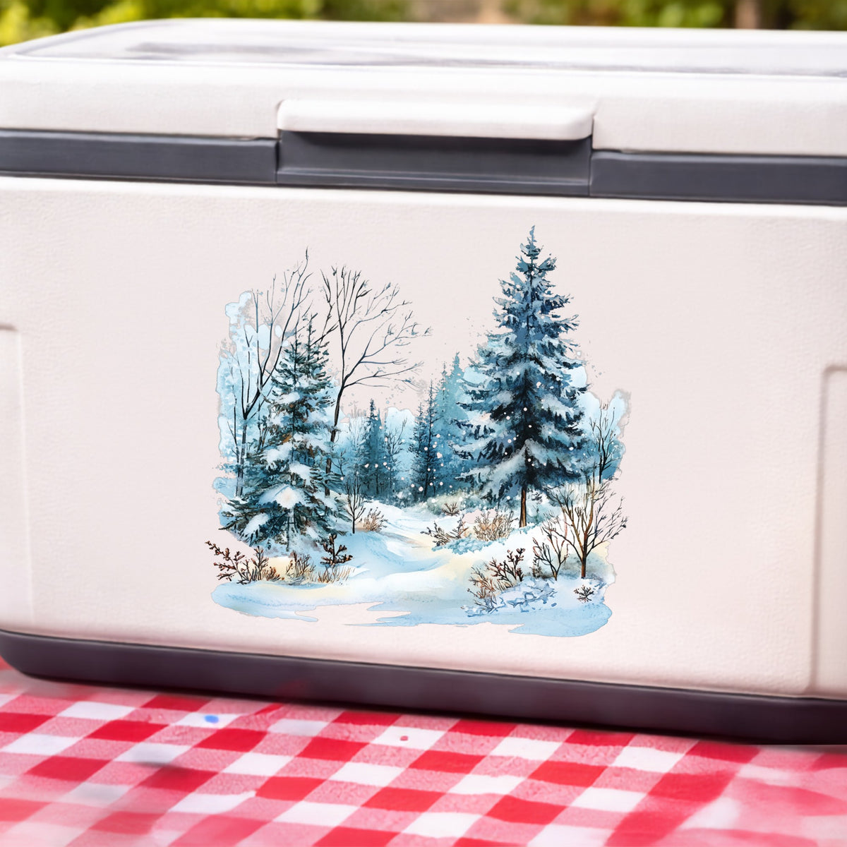 Snowy Pine Forest UV DTF sticker applied to a white cooler