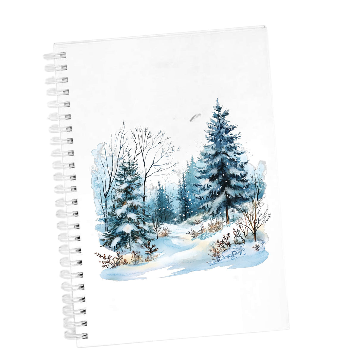 Snowy Pine Forest UV DTF sticker applied to a white journal