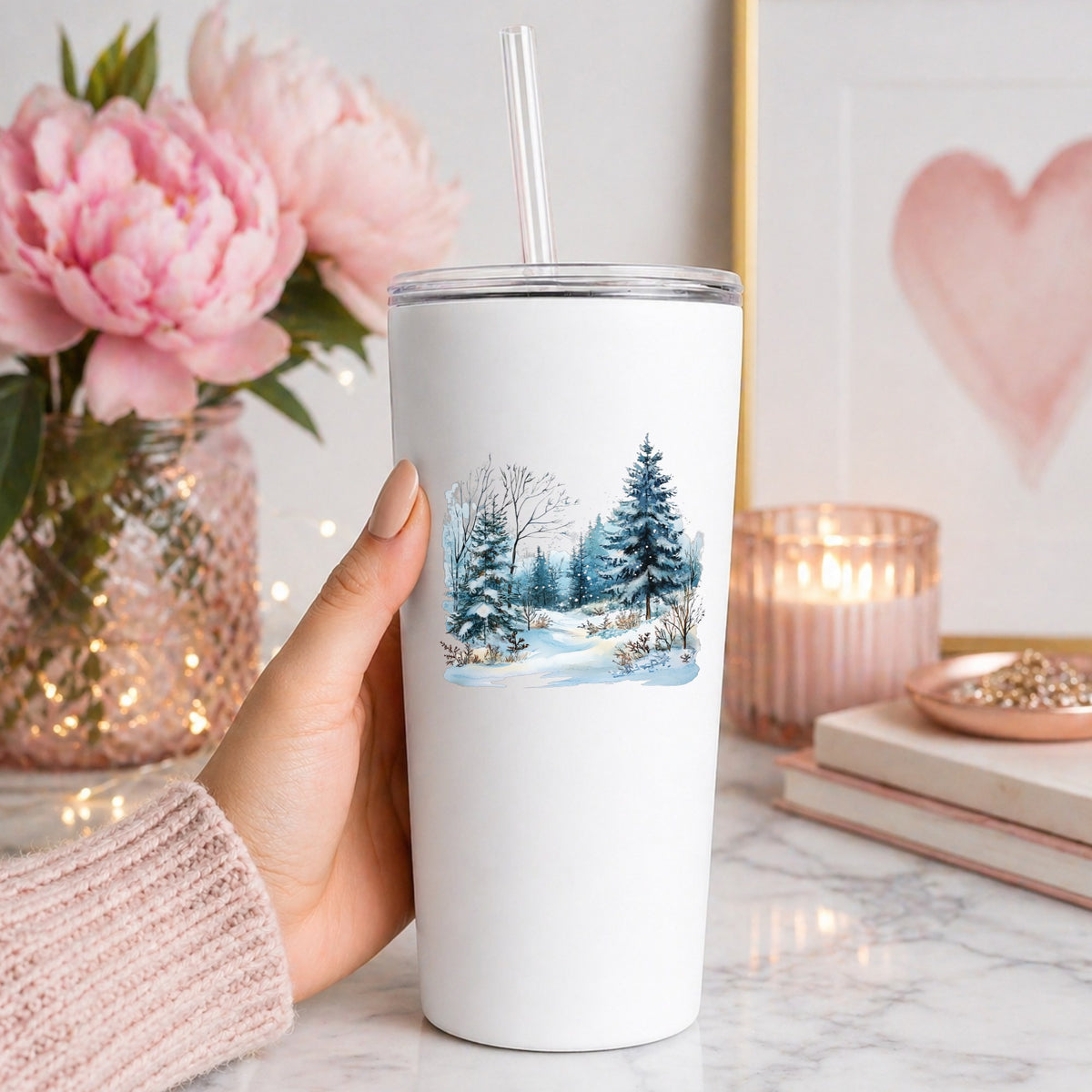 Snowy Pine Forest UV DTF sticker applied to a white tumbler