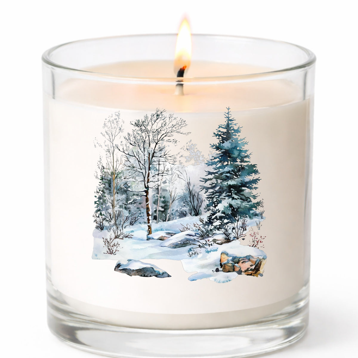 Birch And Spruce Winter Forest UV DTF sticker applied to a candle jar