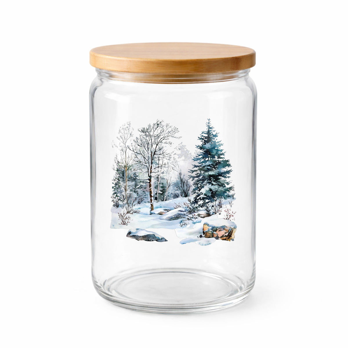Birch And Spruce Winter Forest UV DTF sticker applied to a clear glass jar with lid