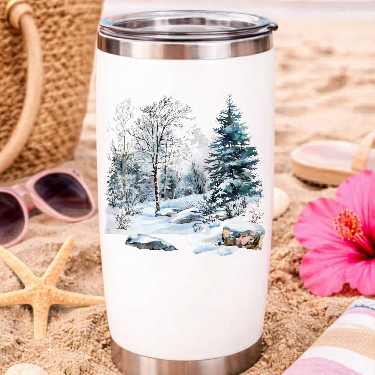 Birch And Spruce Winter Forest UV DTF sticker applied to a water bottle at the beach