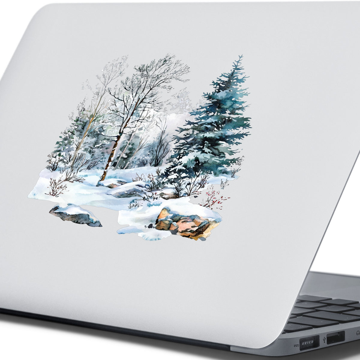 Birch And Spruce Winter Forest UV DTF sticker applied to a laptop