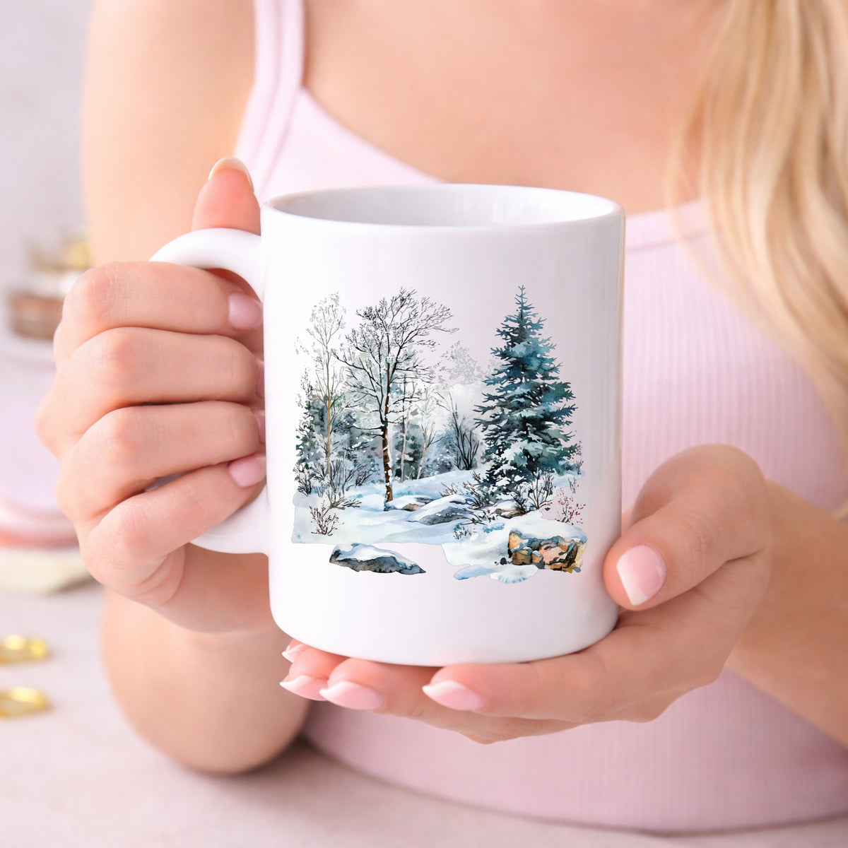 Birch And Spruce Winter Forest UV DTF sticker displayed on a white coffee mug