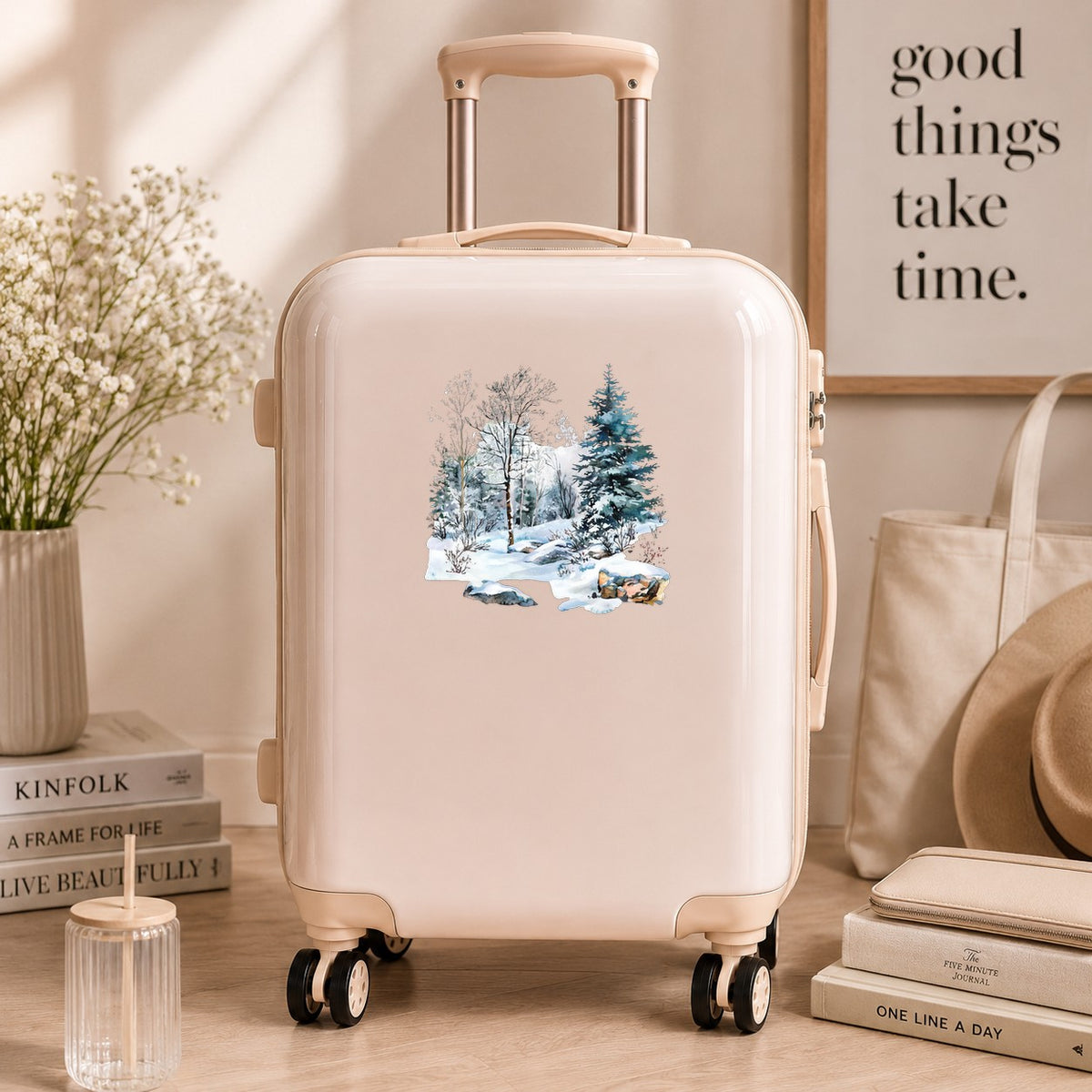 Birch And Spruce Winter Forest UV DTF sticker applied to a neutral suitcase