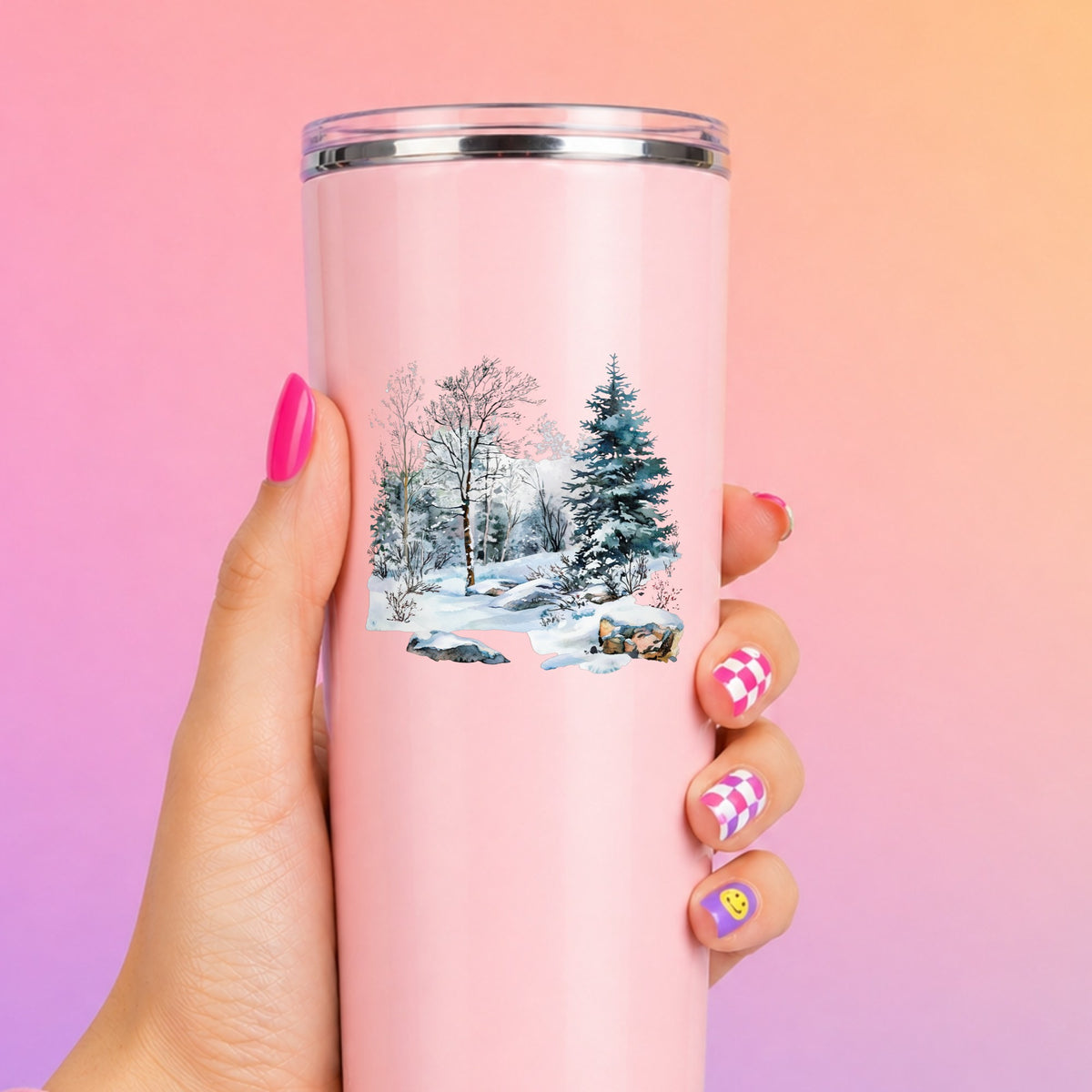 Birch And Spruce Winter Forest UV DTF sticker applied to a pink tumbler