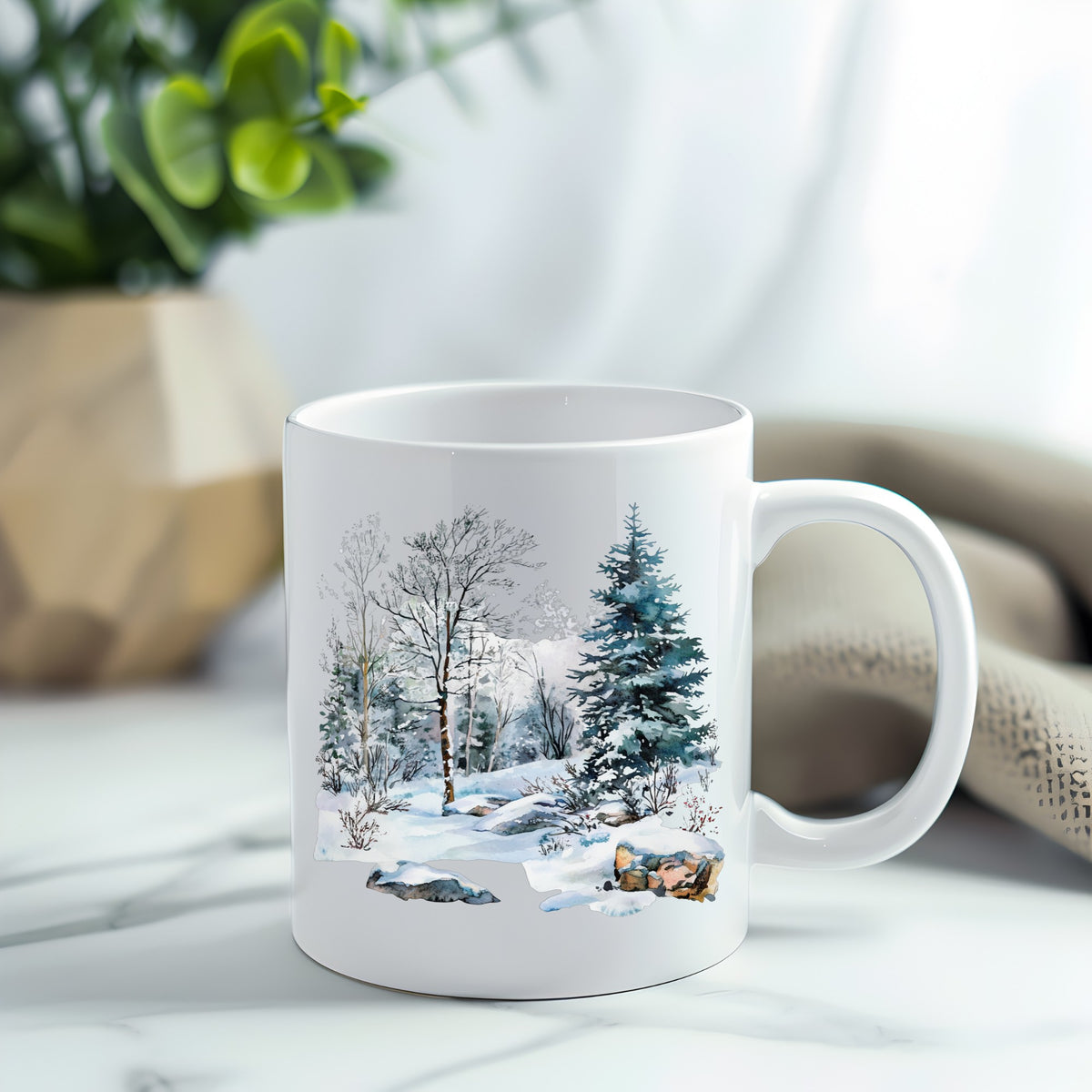 Birch And Spruce Winter Forest UV DTF sticker applied to a white coffee mug