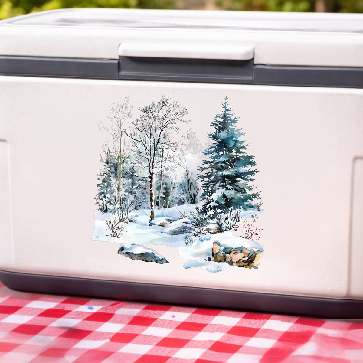 Birch And Spruce Winter Forest UV DTF sticker applied to a white cooler