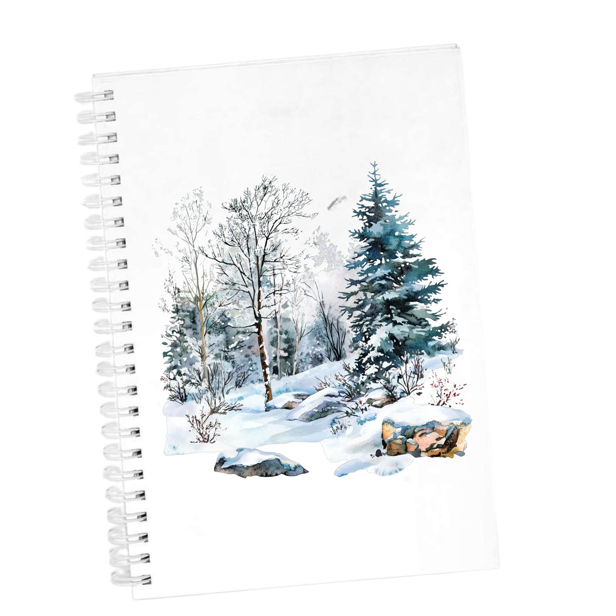 Birch And Spruce Winter Forest UV DTF sticker applied to a white journal