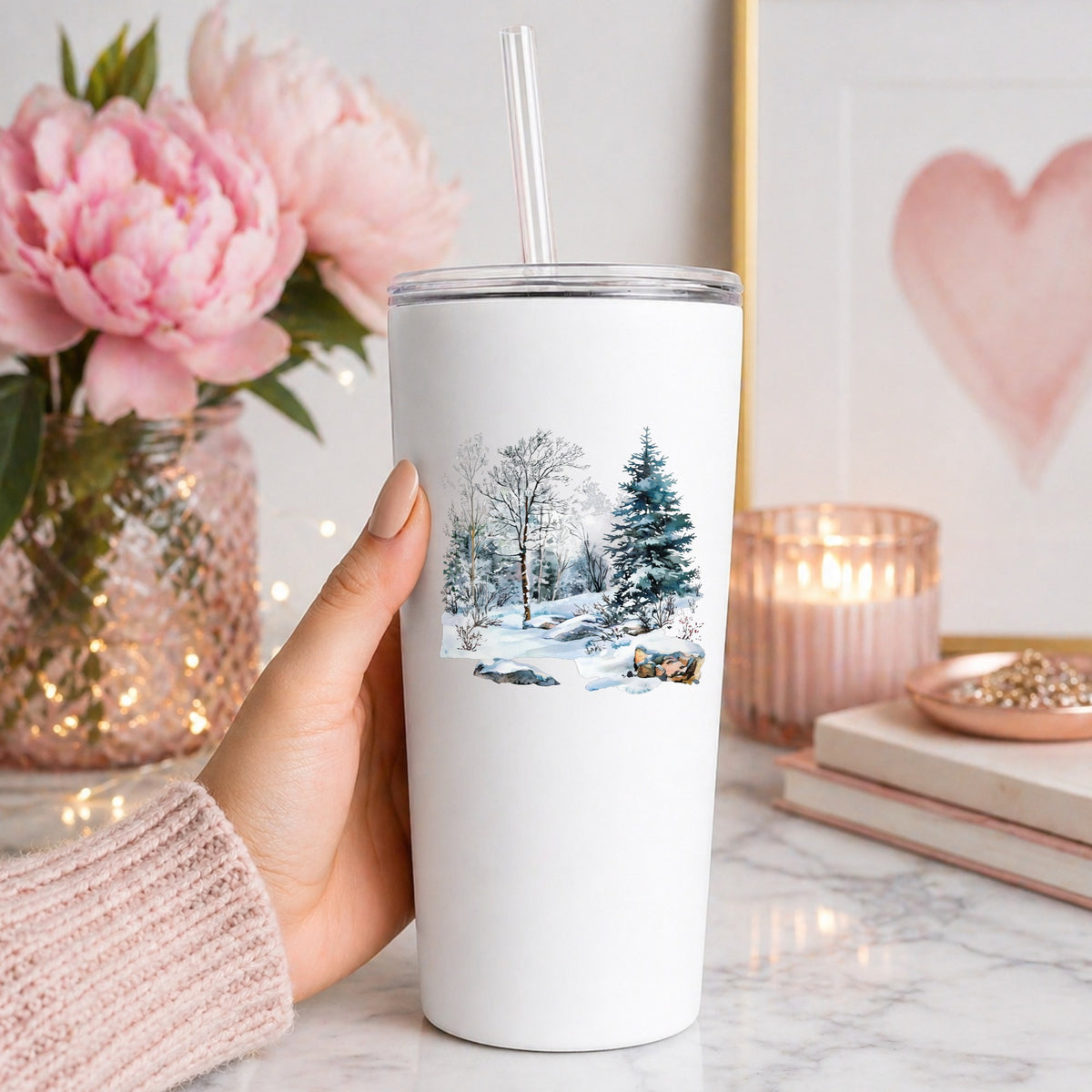 Birch And Spruce Winter Forest UV DTF sticker applied to a white tumbler