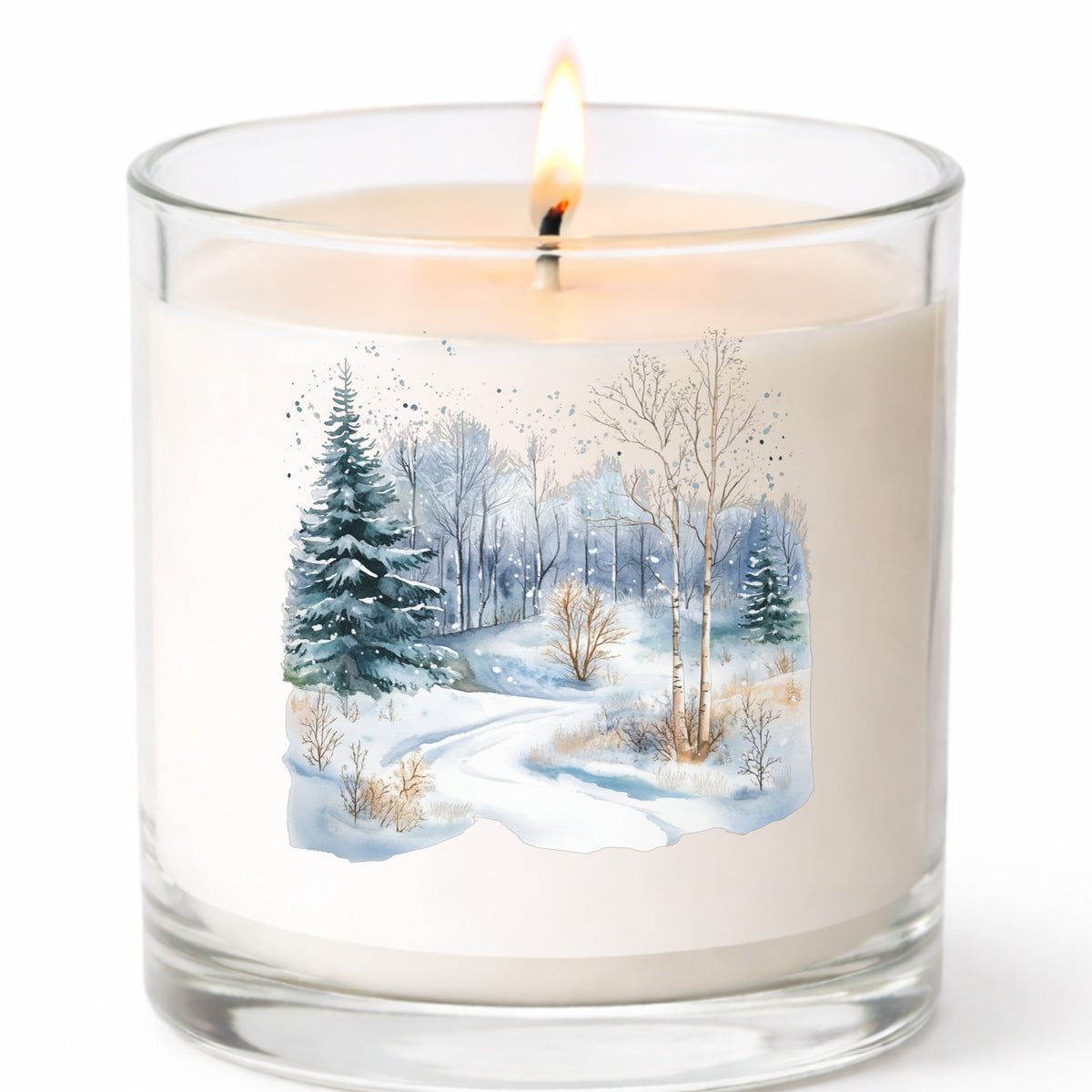 Snowy Forest Path UV DTF sticker applied to a candle jar