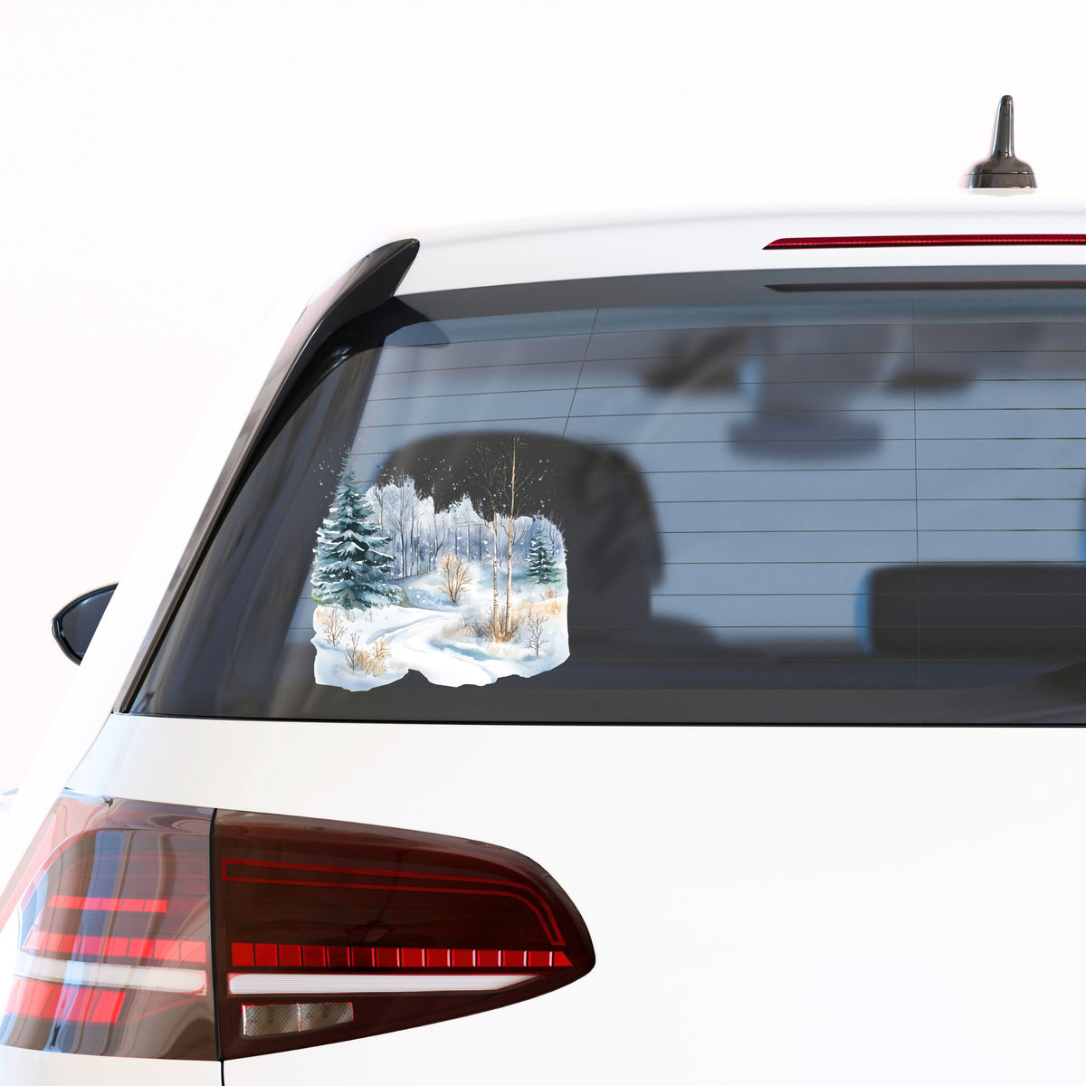Snowy Forest Path UV DTF sticker applied to a car window