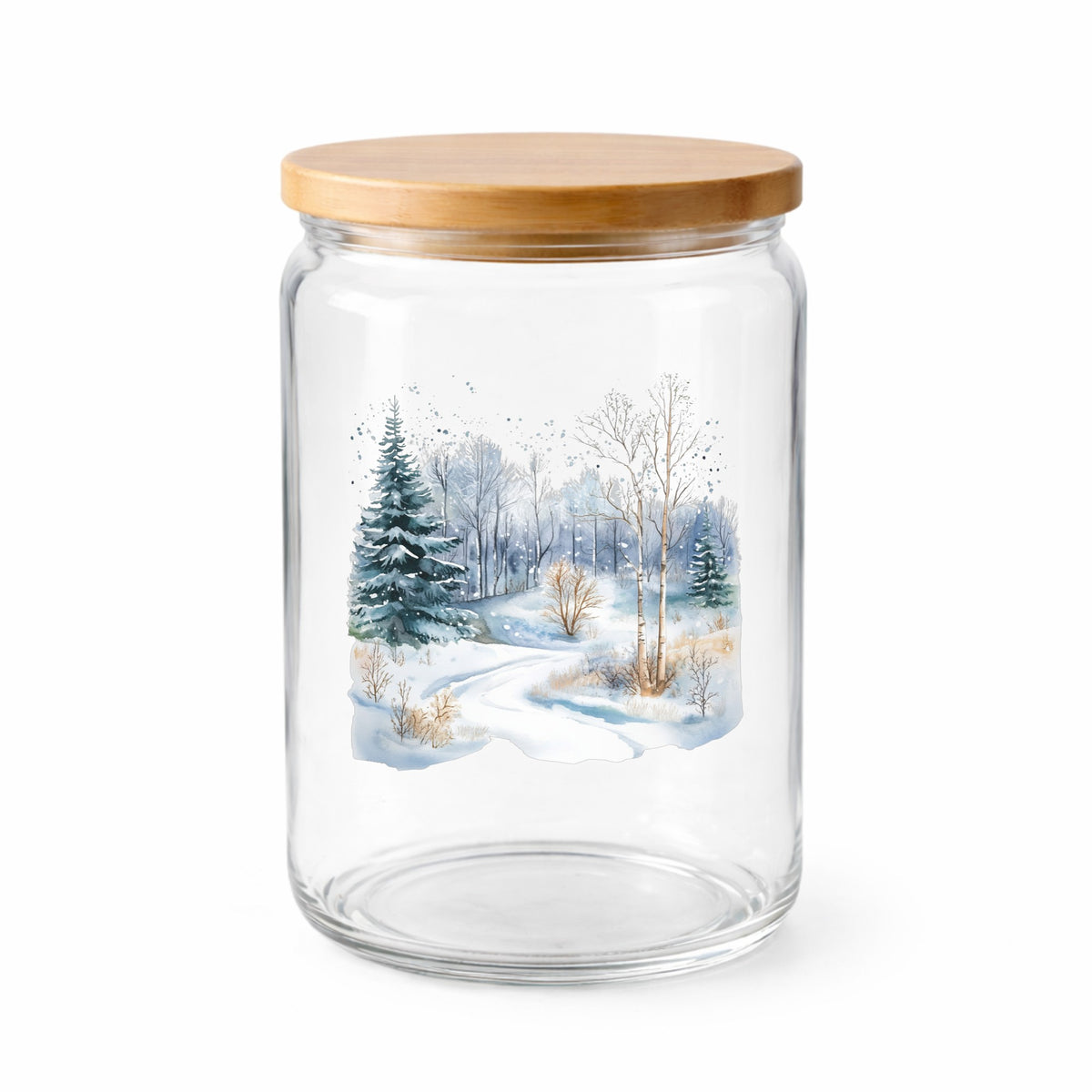 Snowy Forest Path UV DTF sticker applied to a clear glass jar with lid