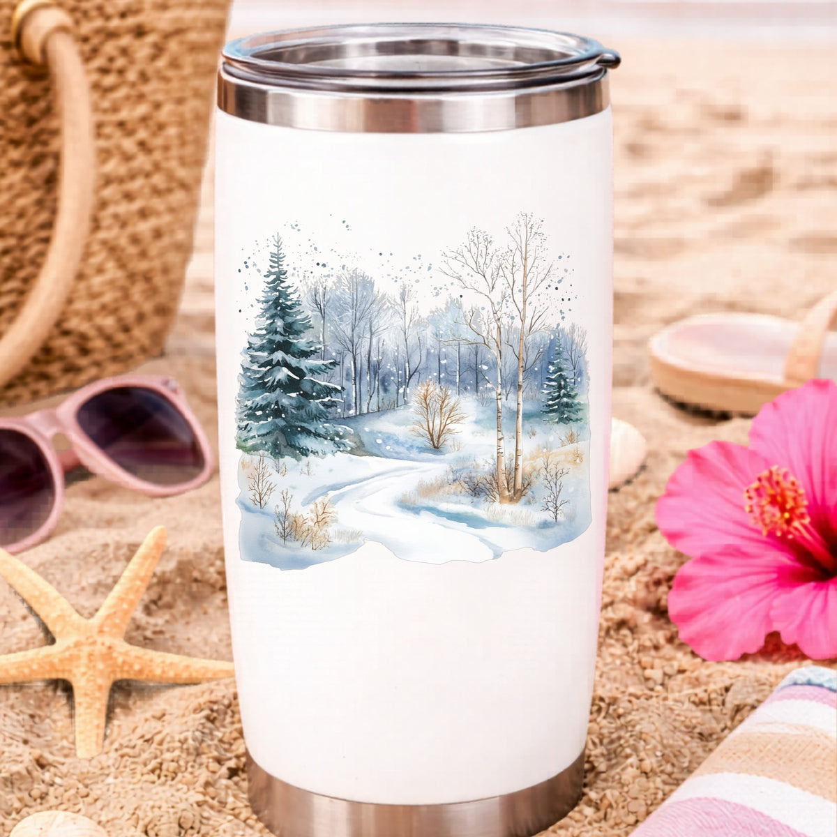 Snowy Forest Path UV DTF sticker applied to a water bottle at the beach