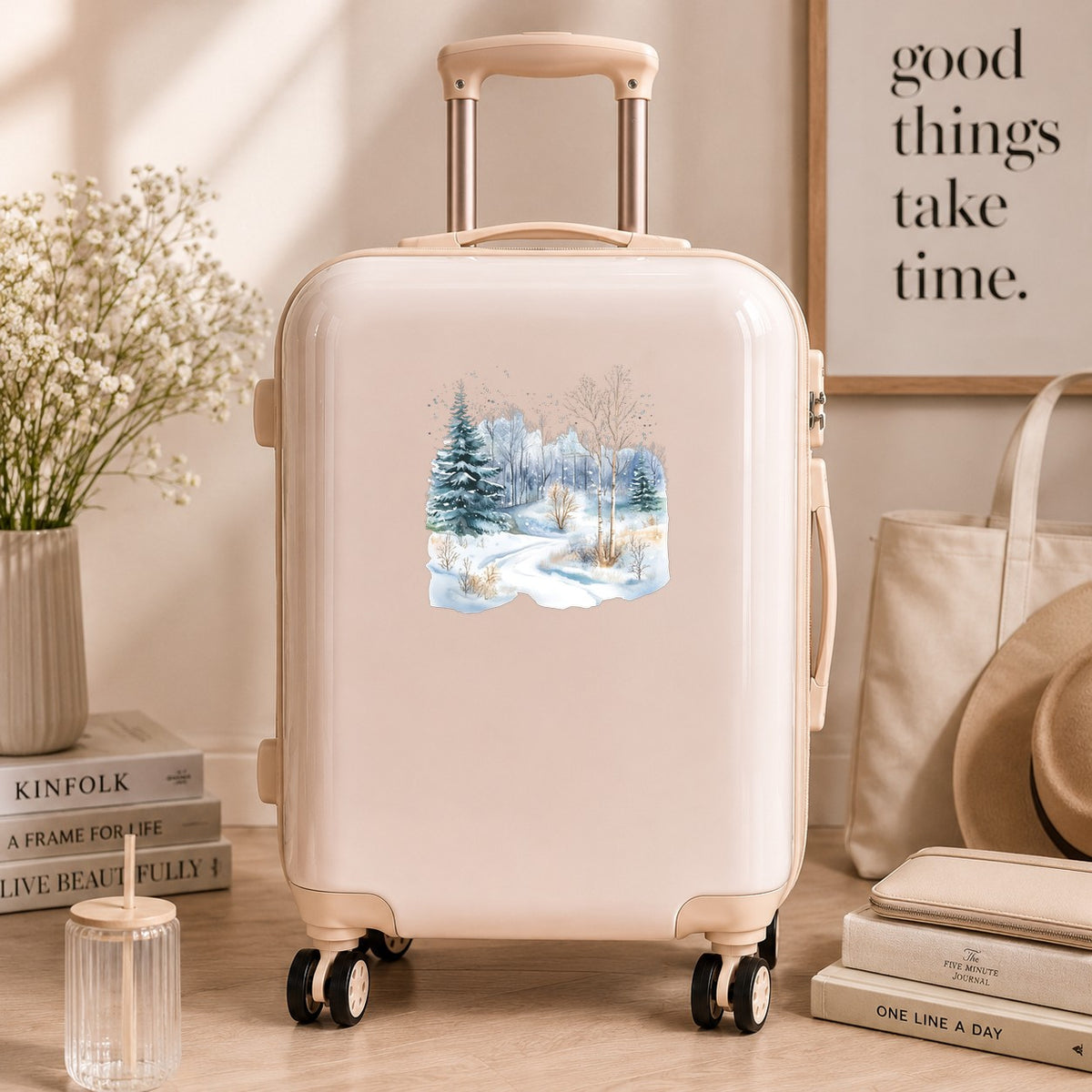 Snowy Forest Path UV DTF sticker applied to a neutral suitcase