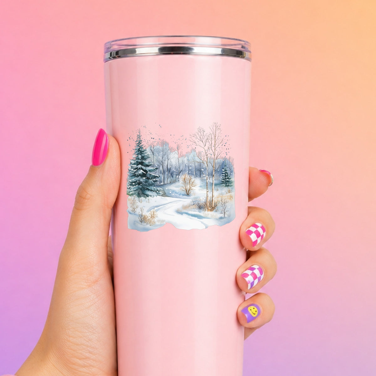 Snowy Forest Path UV DTF sticker applied to a pink tumbler