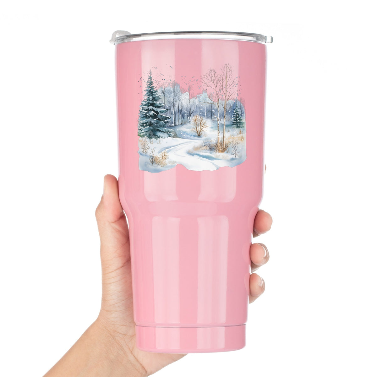 Snowy Forest Path UV DTF sticker applied to a pink tumbler