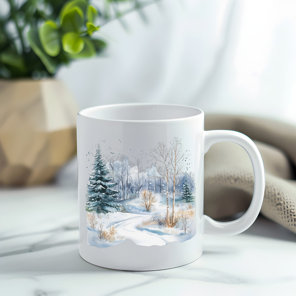 Snowy Forest Path UV DTF sticker applied to a white coffee mug