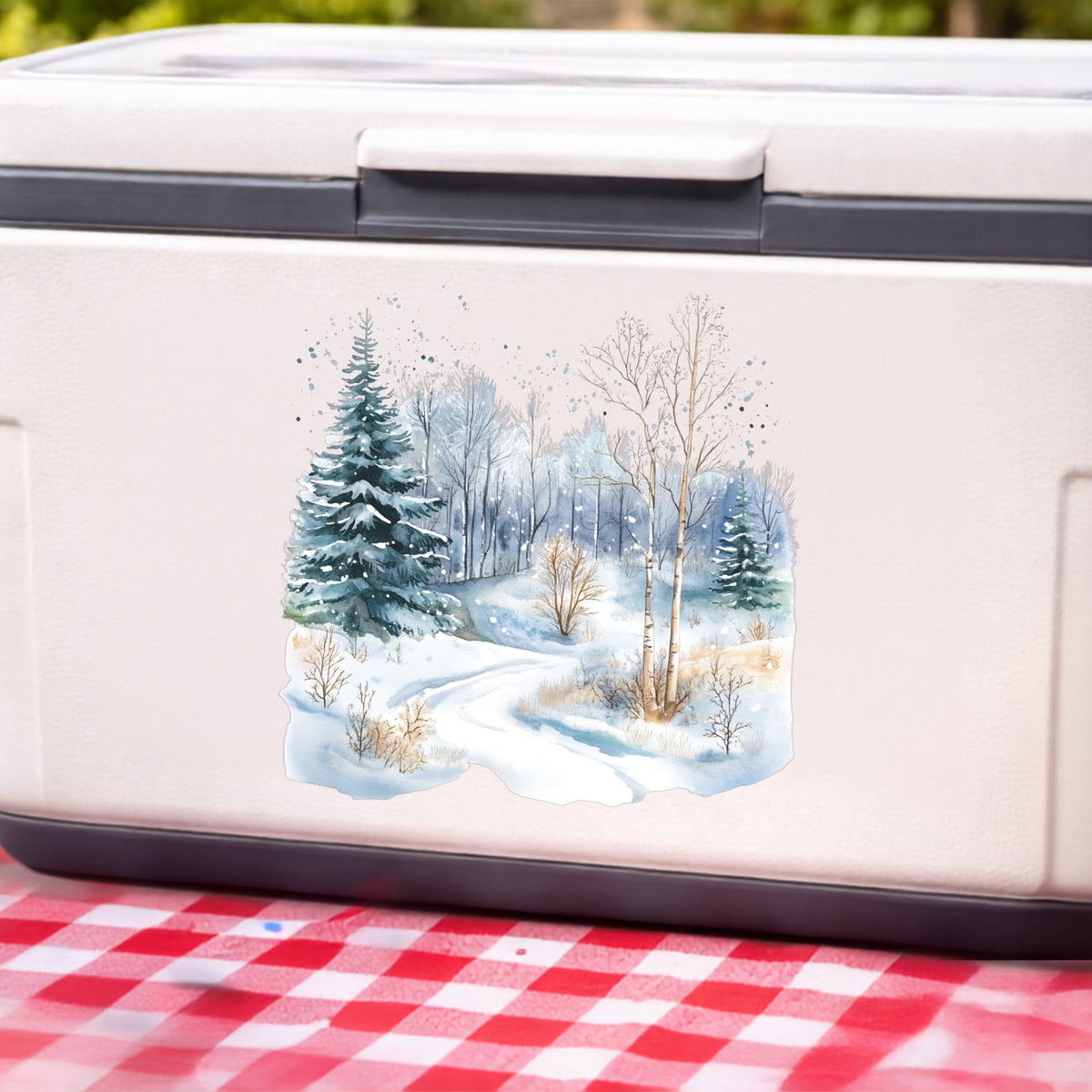 Snowy Forest Path UV DTF sticker applied to a white cooler