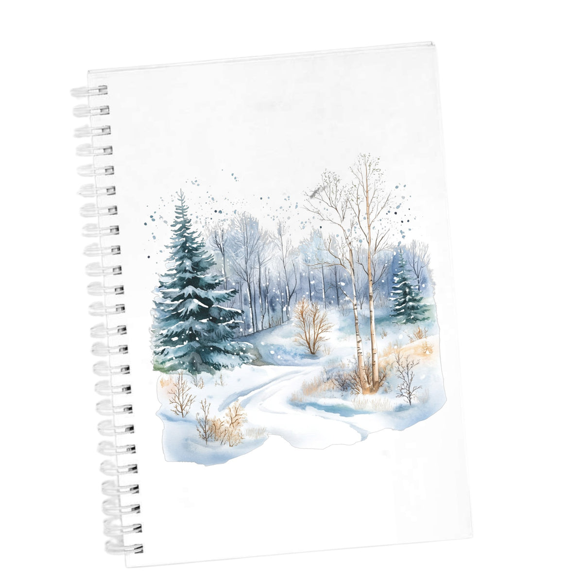 Snowy Forest Path UV DTF sticker applied to a white journal