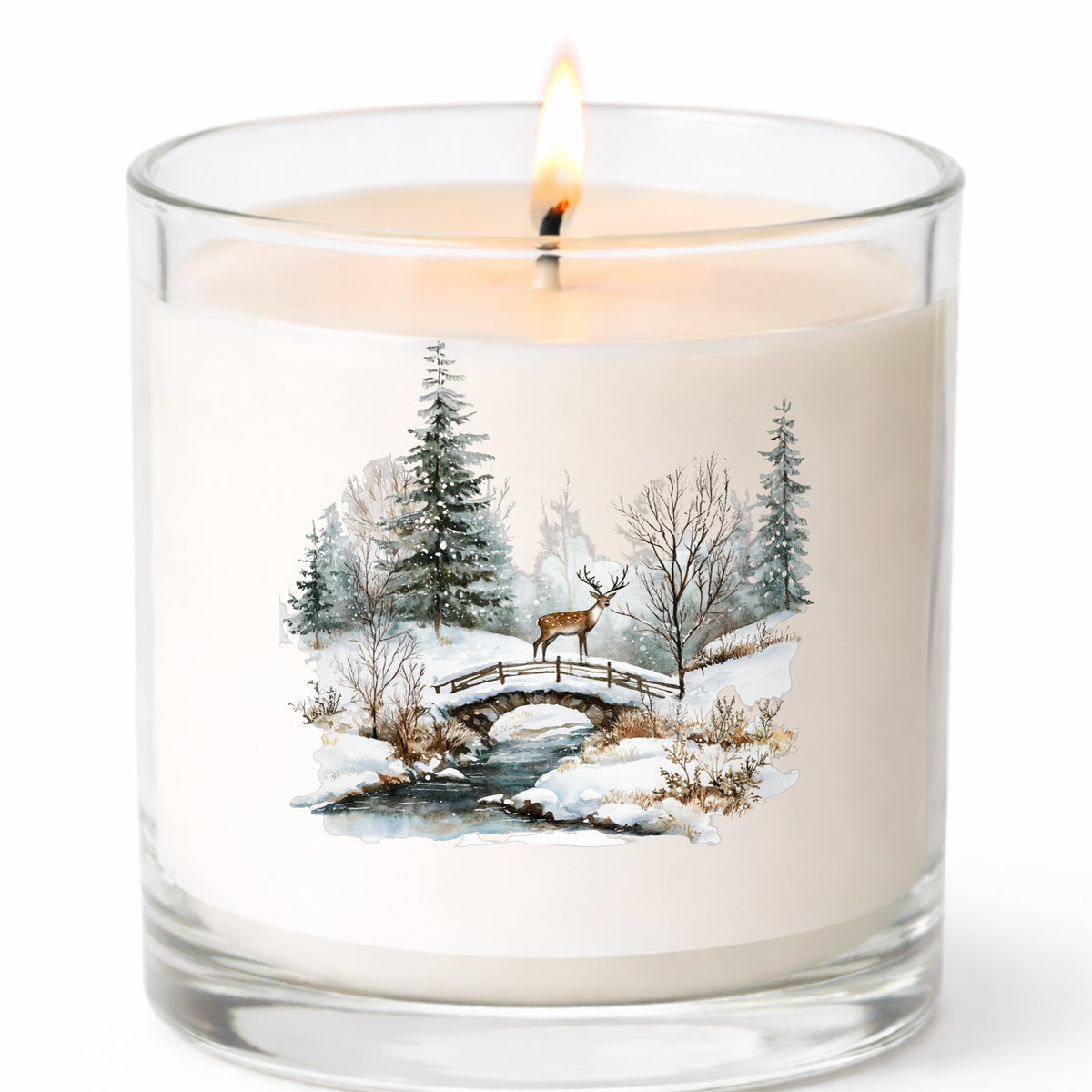 Deer On Stone Bridge UV DTF sticker applied to a candle jar