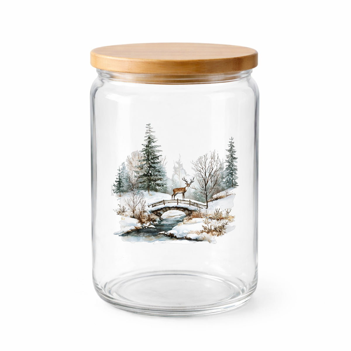 Deer On Stone Bridge UV DTF sticker applied to a clear glass jar with lid