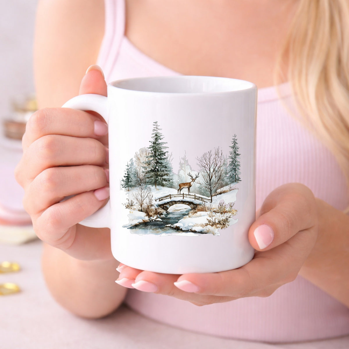 Deer On Stone Bridge UV DTF sticker displayed on a white coffee mug