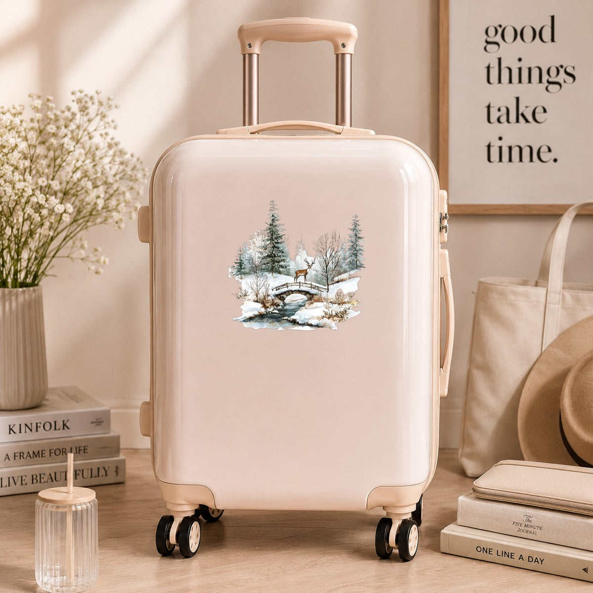 Deer On Stone Bridge UV DTF sticker applied to a neutral suitcase