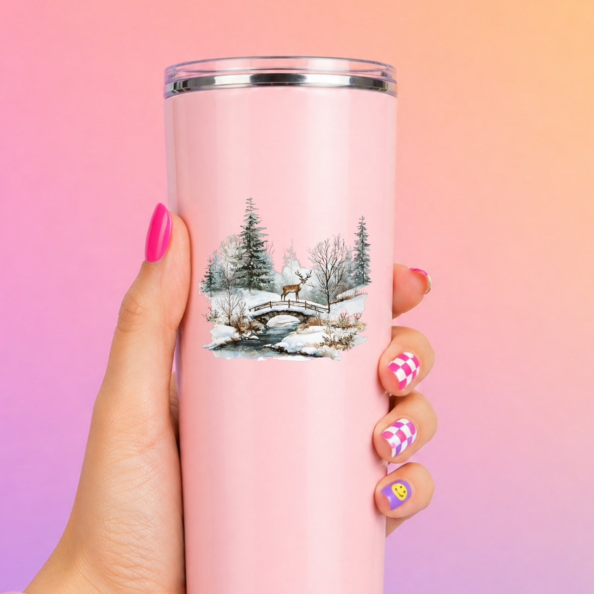 Deer On Stone Bridge UV DTF sticker applied to a pink tumbler