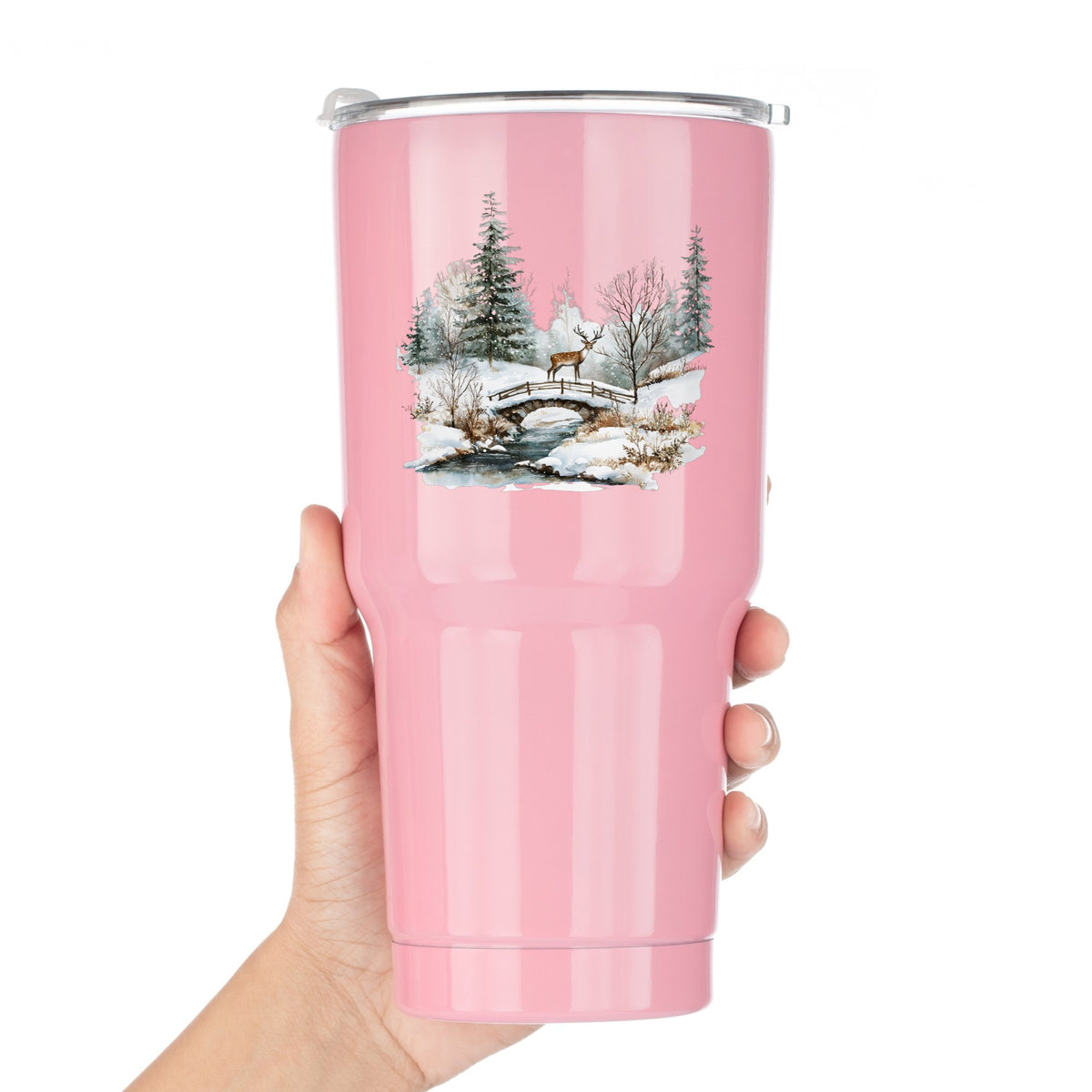 Deer On Stone Bridge UV DTF sticker applied to a pink tumbler