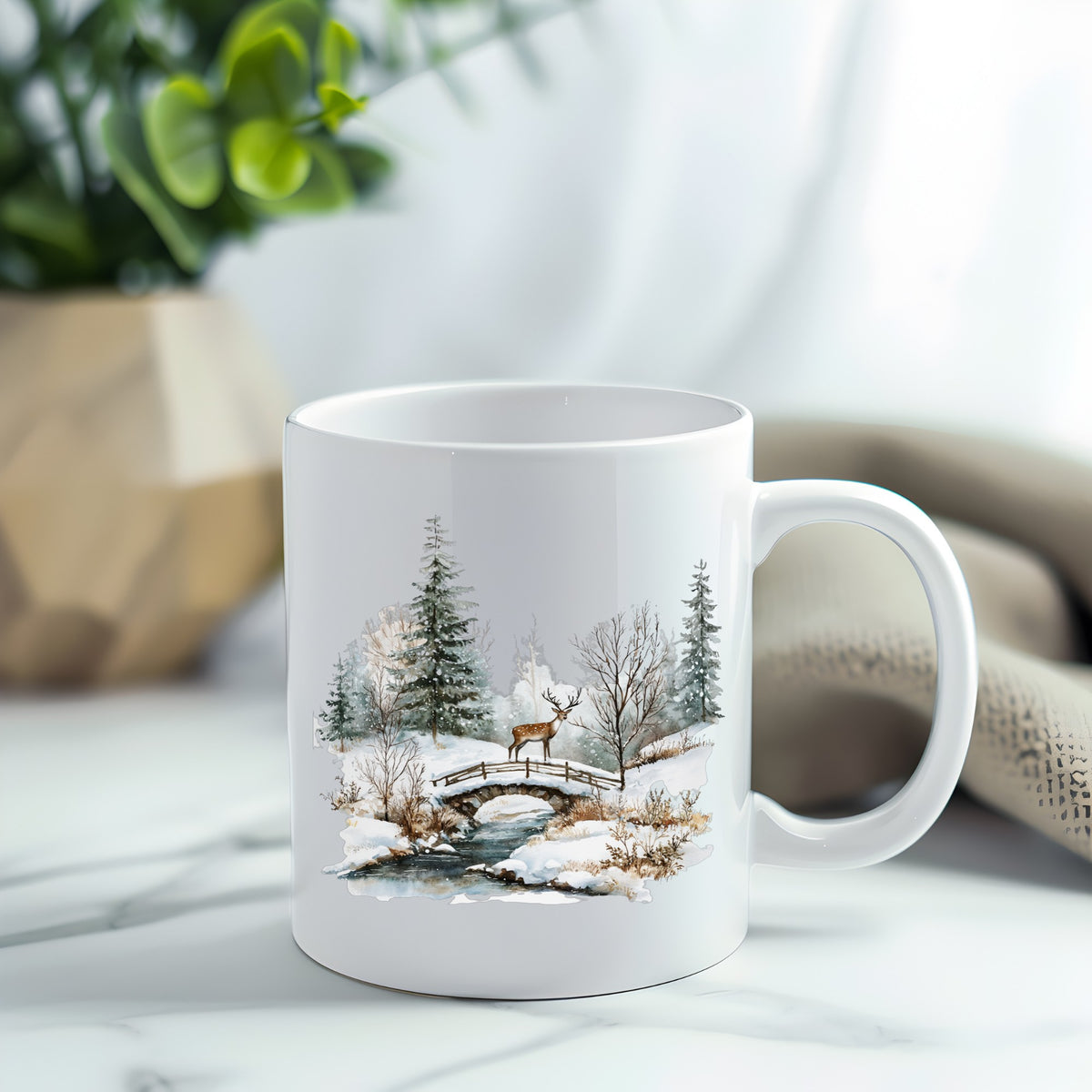 Deer On Stone Bridge UV DTF sticker applied to a white coffee mug