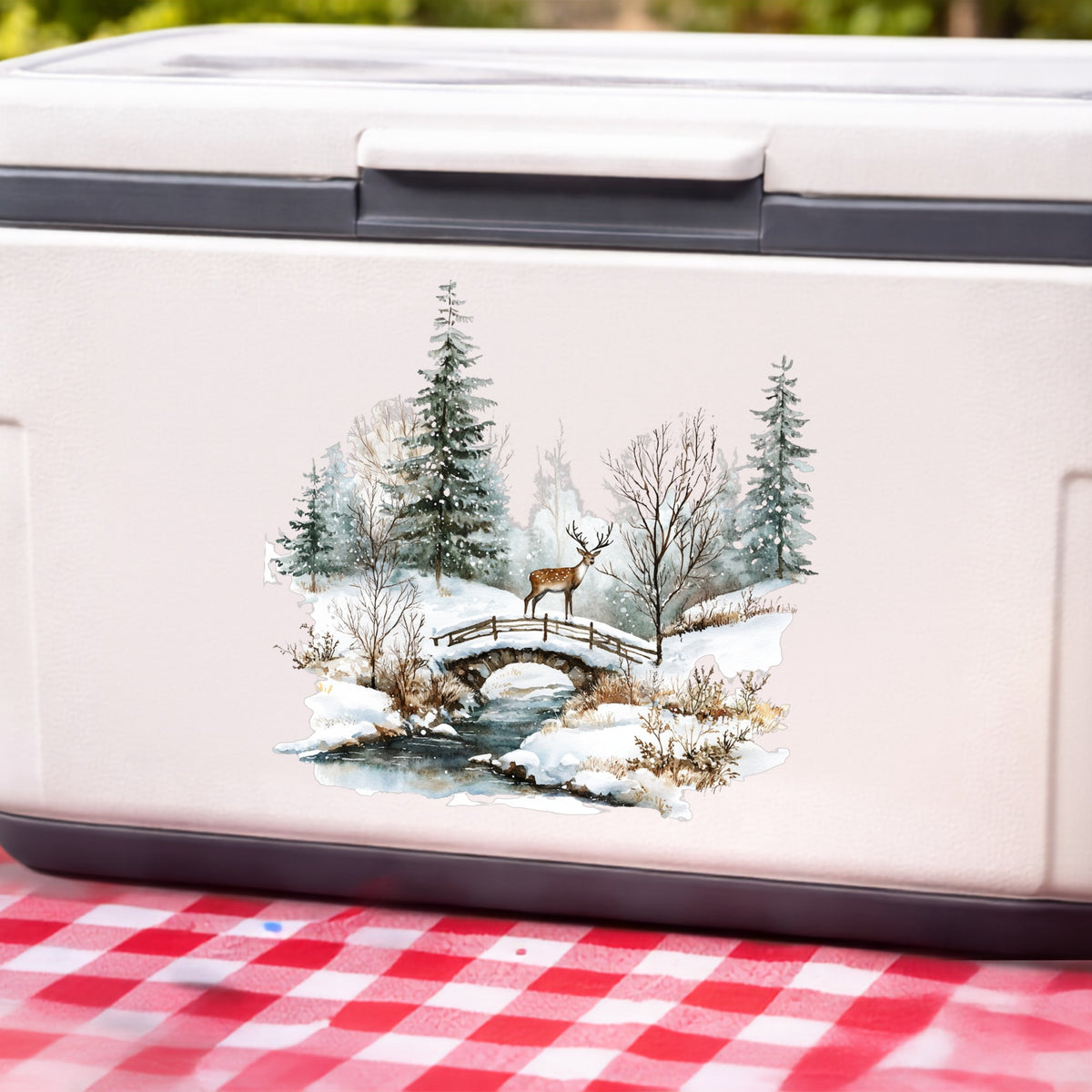 Deer On Stone Bridge UV DTF sticker applied to a white cooler